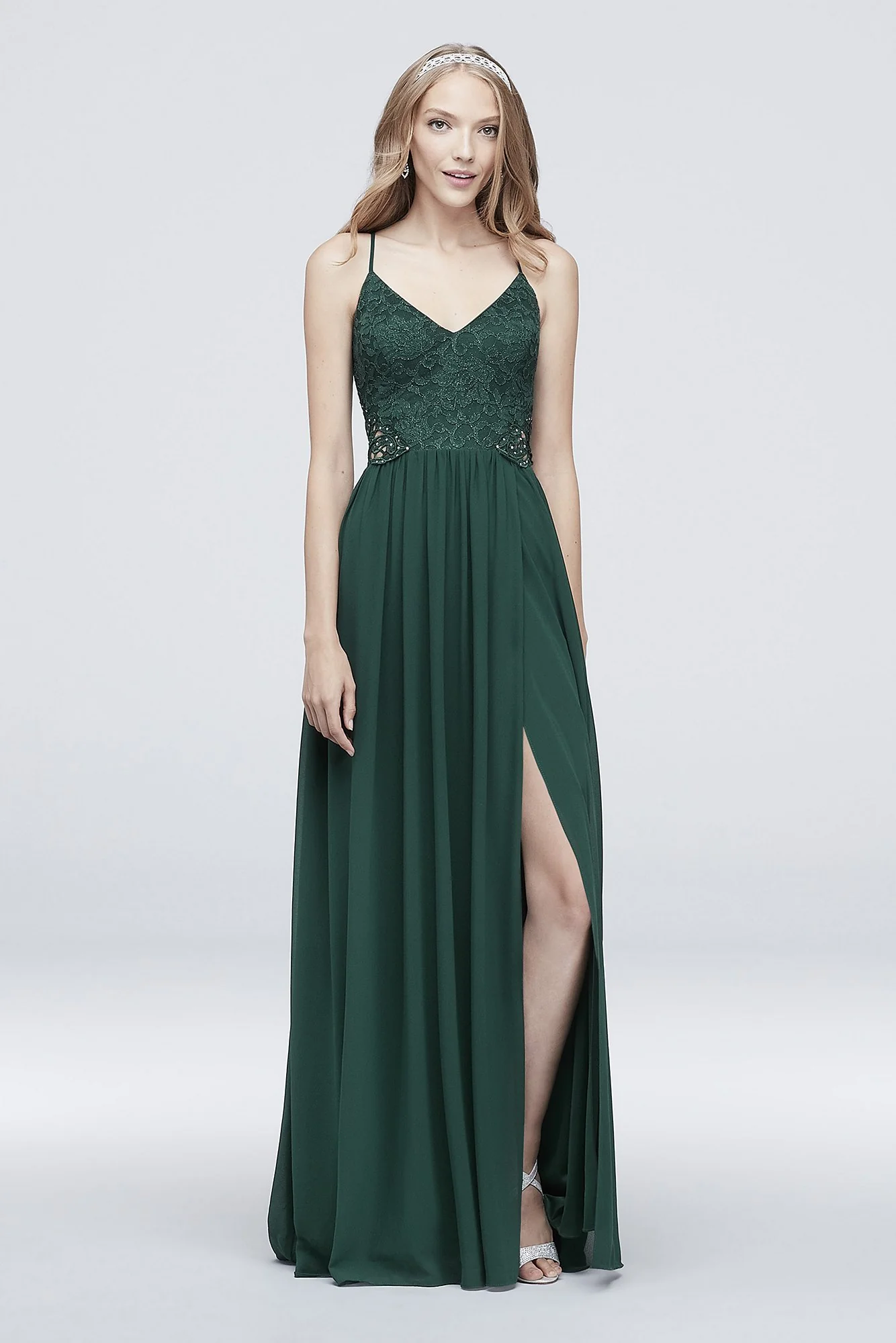 Chiffon and Floral Lace Dress with Beaded Waist - Image 3