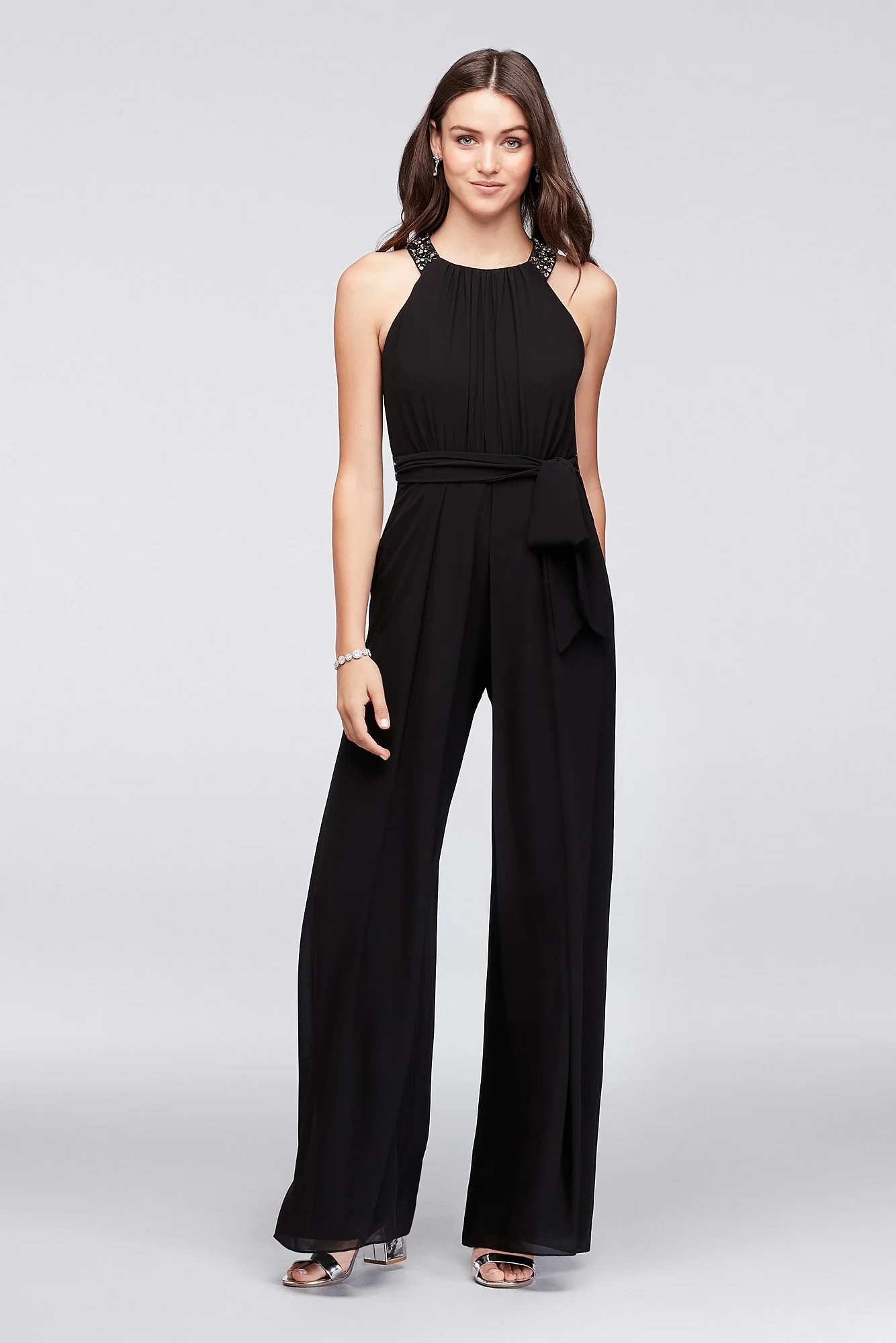 Chiffon Bridesmaid Jumpsuit with Beaded Neckline
