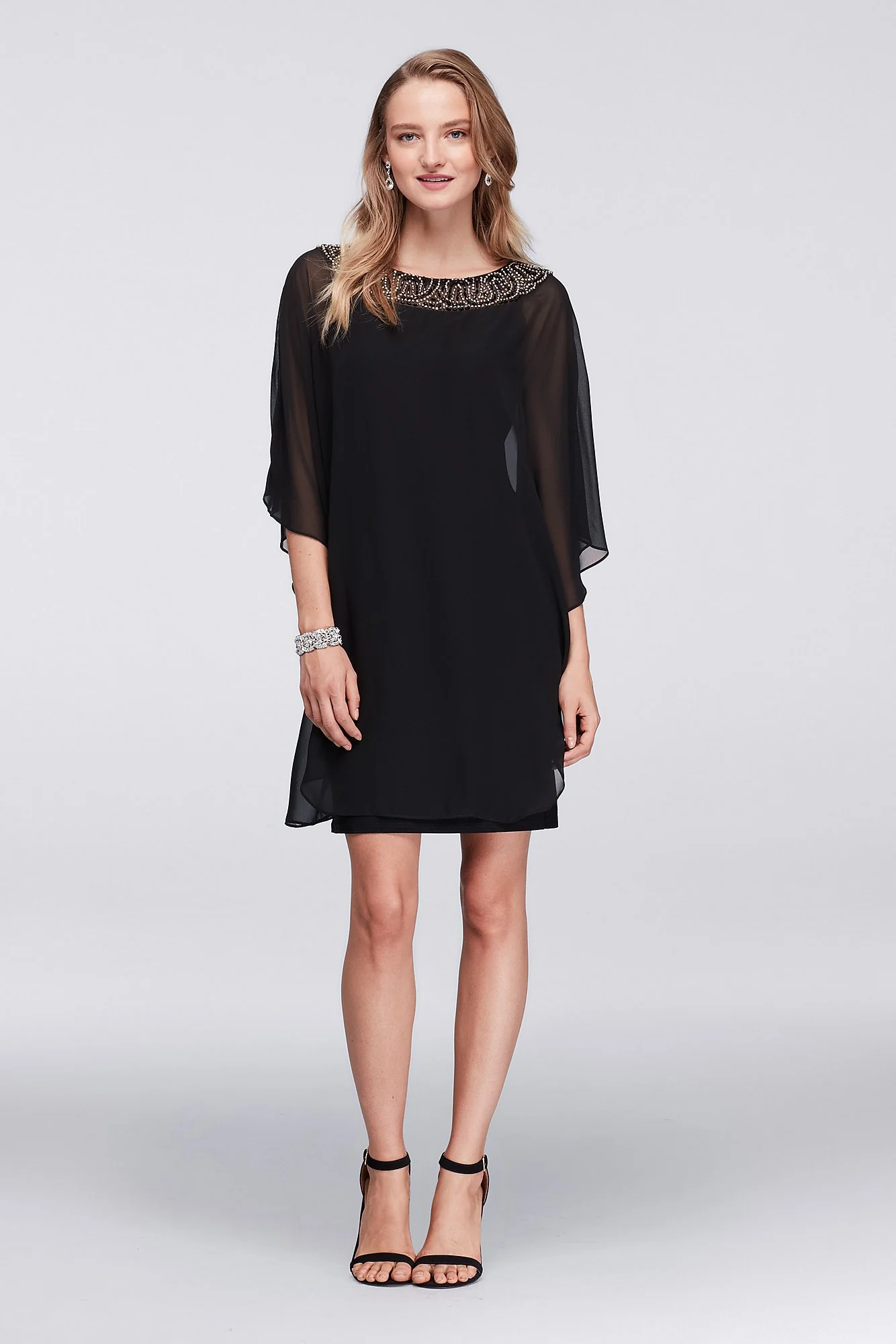 Chiffon Capelet Cocktail Dress with Beaded Neck - Image 2