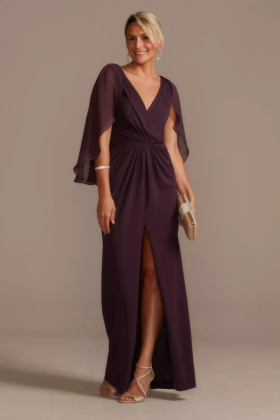 Chiffon Capelet V-Neck Pleated Dress with Slit - Image 3