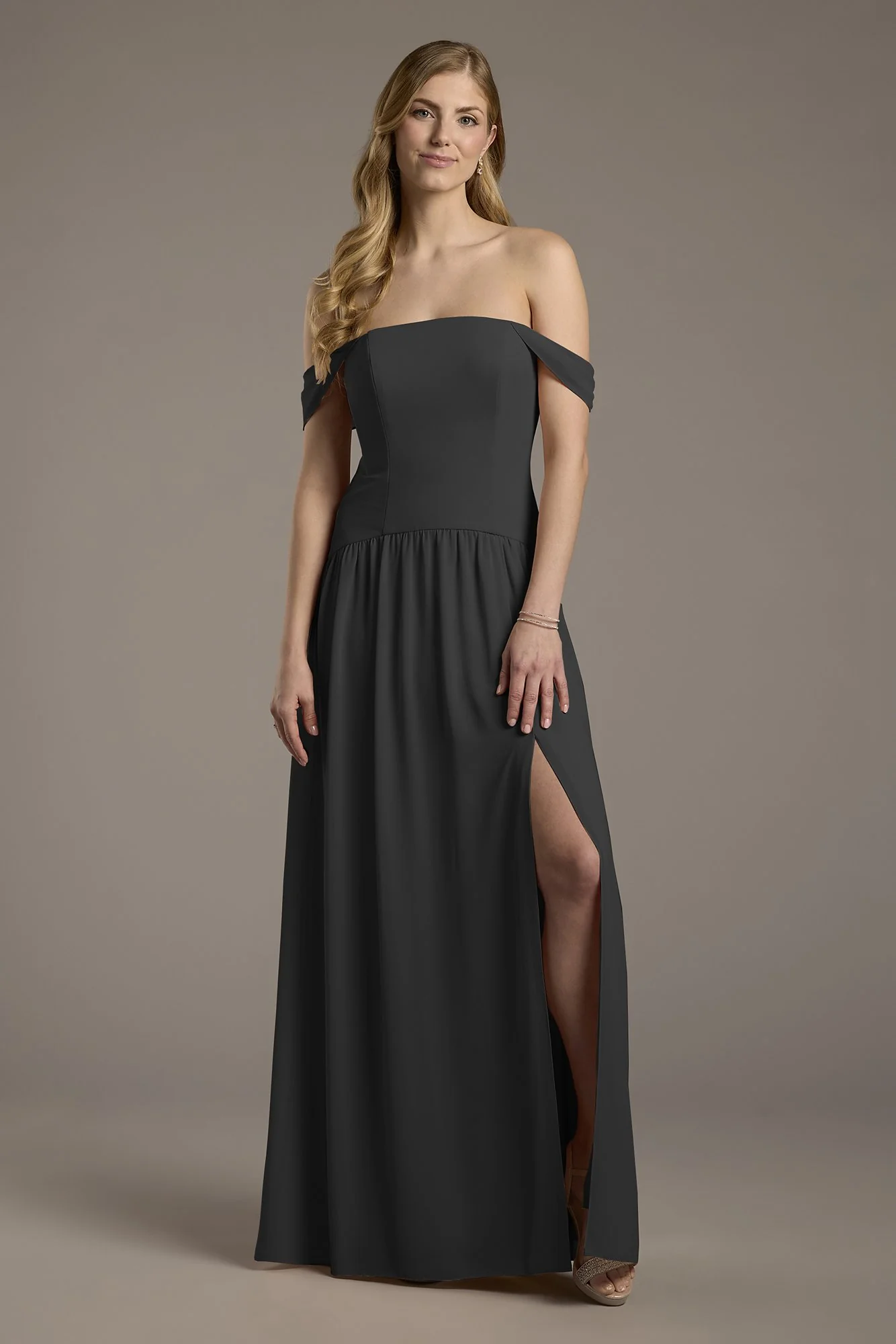 Chiffon Curved Drop Waist Off-the-Shoulder Dress - Image 3