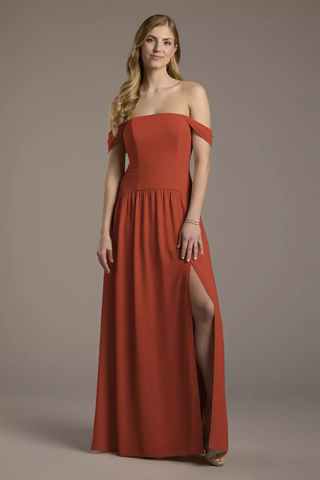 Chiffon Curved Drop Waist Off-the-Shoulder Dress - Image 46
