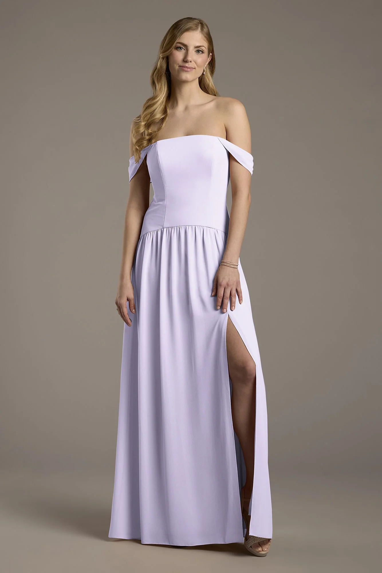 Chiffon Curved Drop Waist Off-the-Shoulder Dress - Image 59