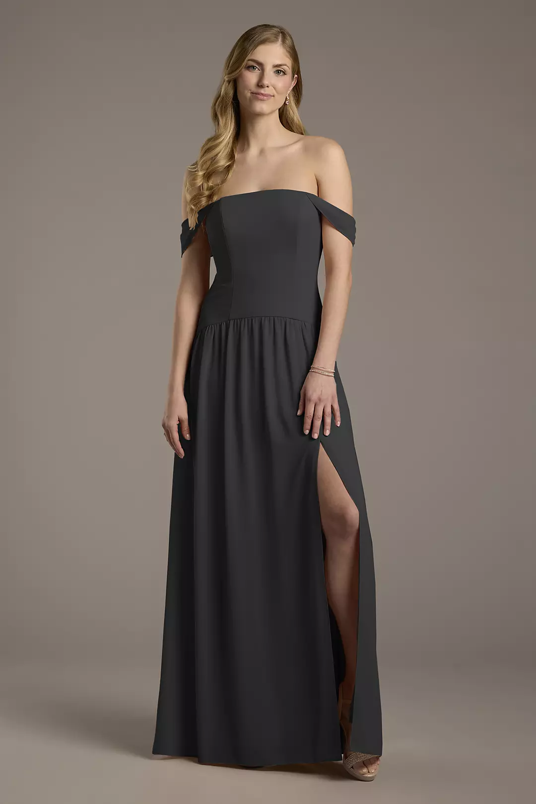 Chiffon Curved Drop Waist Off-the-Shoulder Dress - Image 88