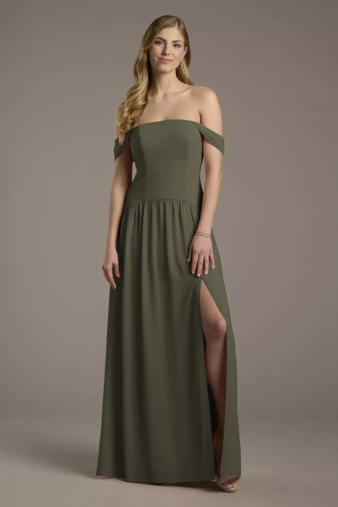 Chiffon Curved Drop Waist Off-the-Shoulder Dress - Image 91