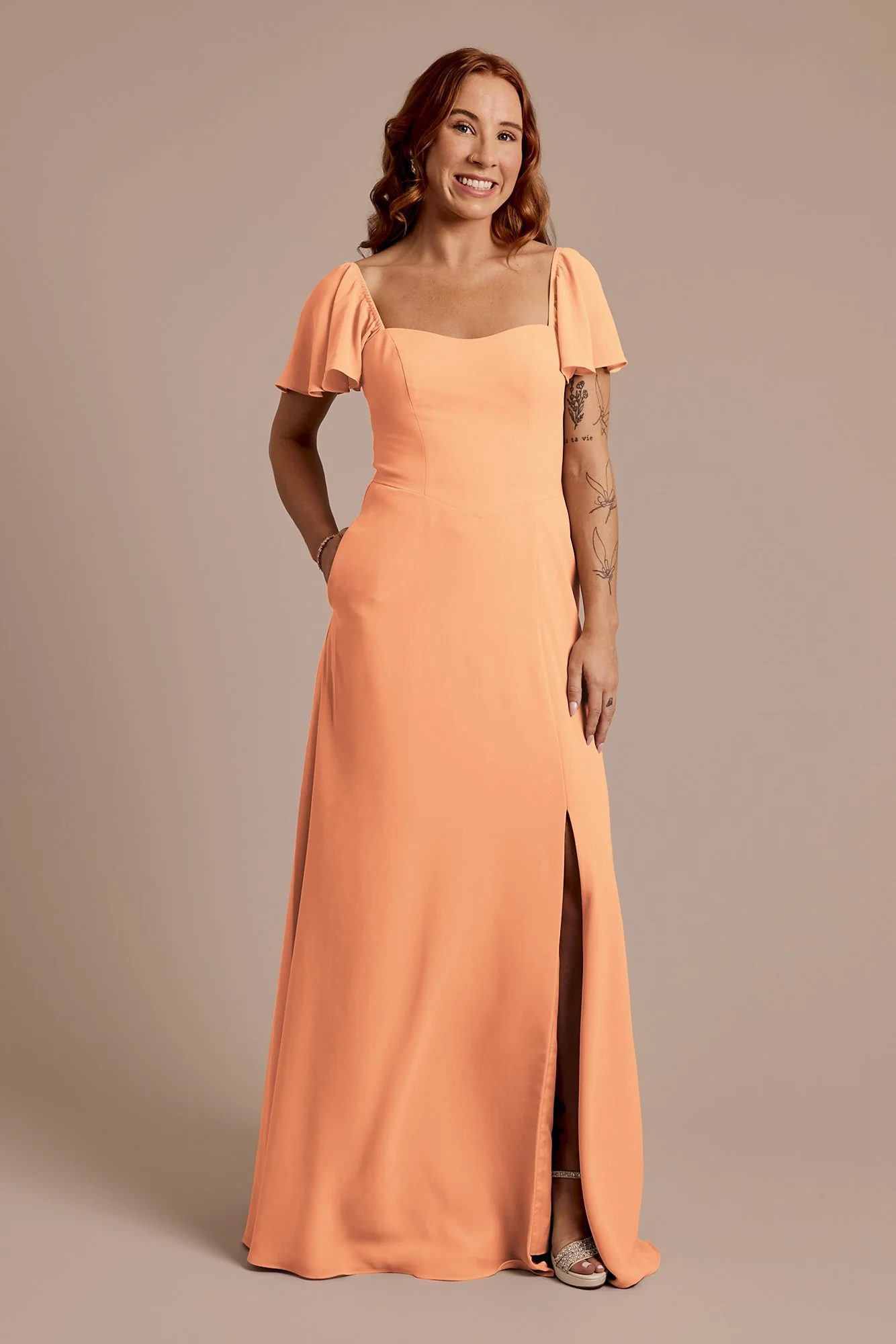 Chiffon Flutter Sleeve Dress with Basque Waist - Image 11