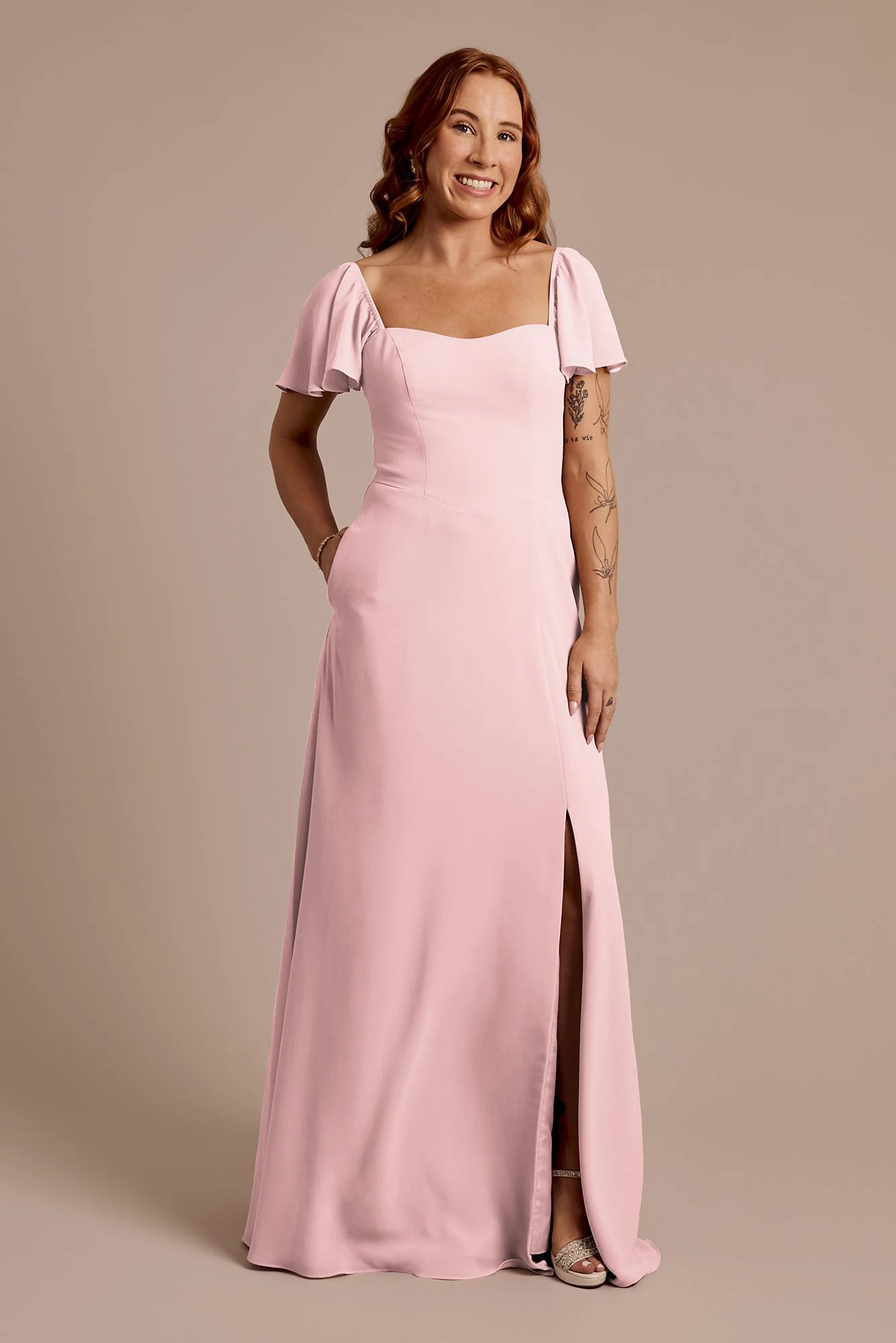 Chiffon Flutter Sleeve Dress with Basque Waist - Image 12