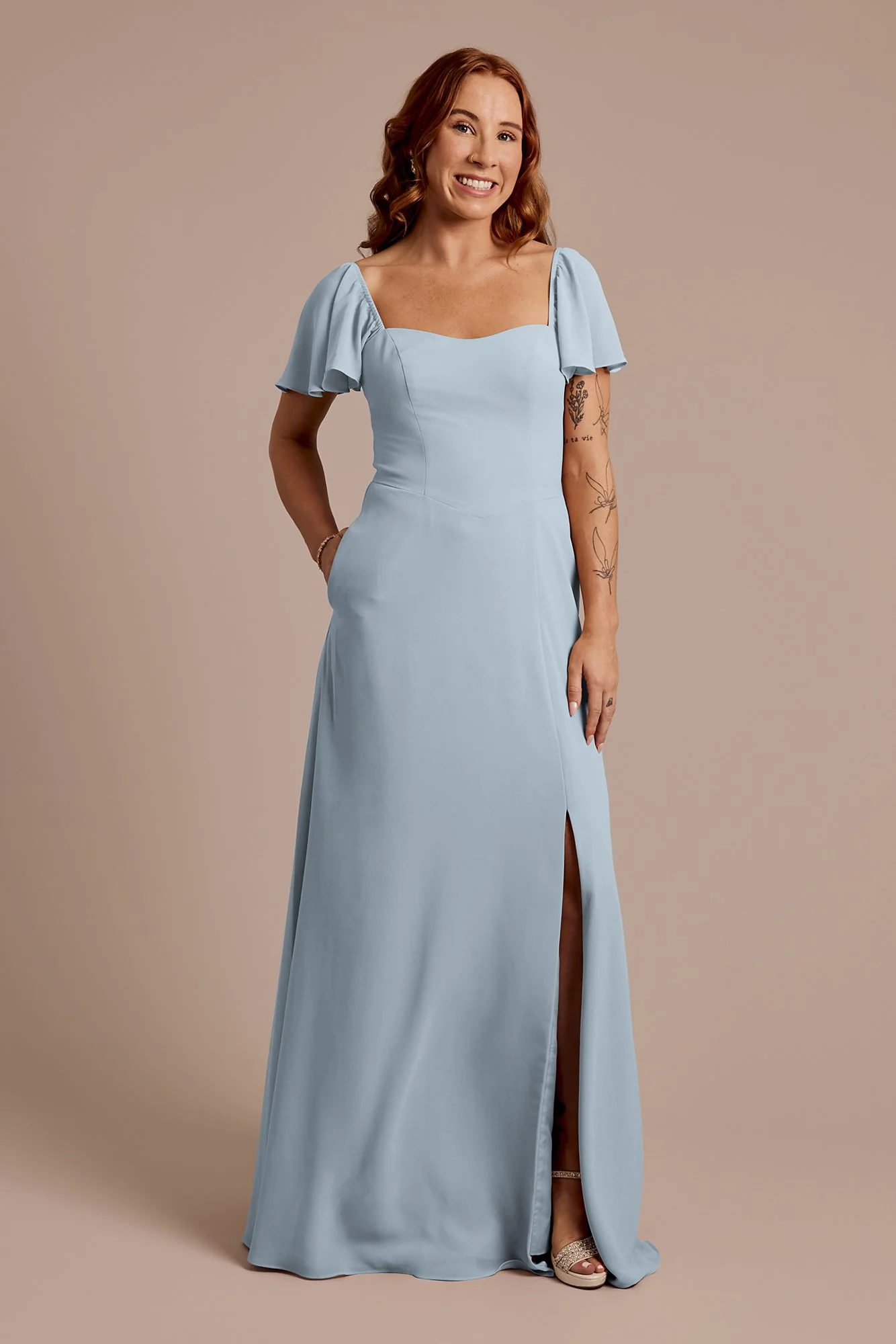 Chiffon Flutter Sleeve Dress with Basque Waist - Image 18