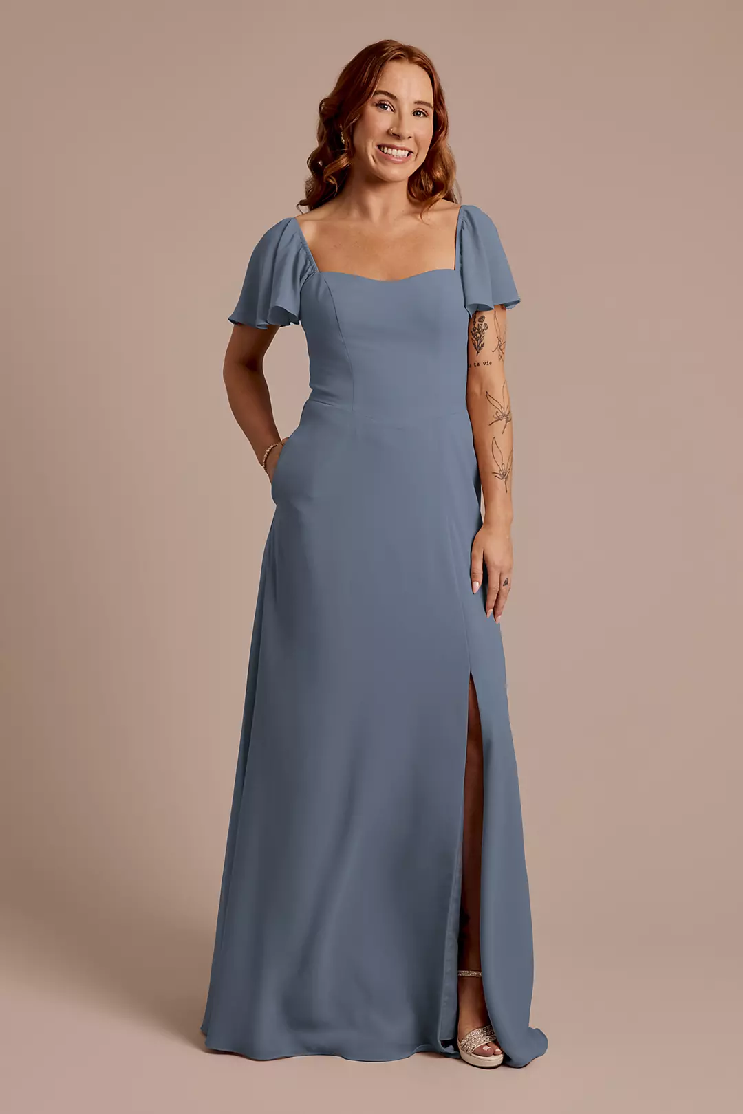 Chiffon Flutter Sleeve Dress with Basque Waist - Image 25