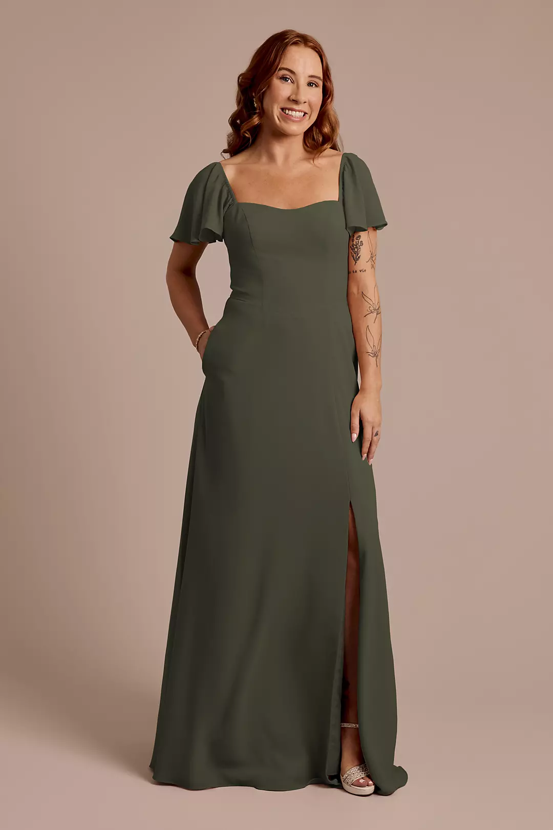 Chiffon Flutter Sleeve Dress with Basque Waist - Image 26