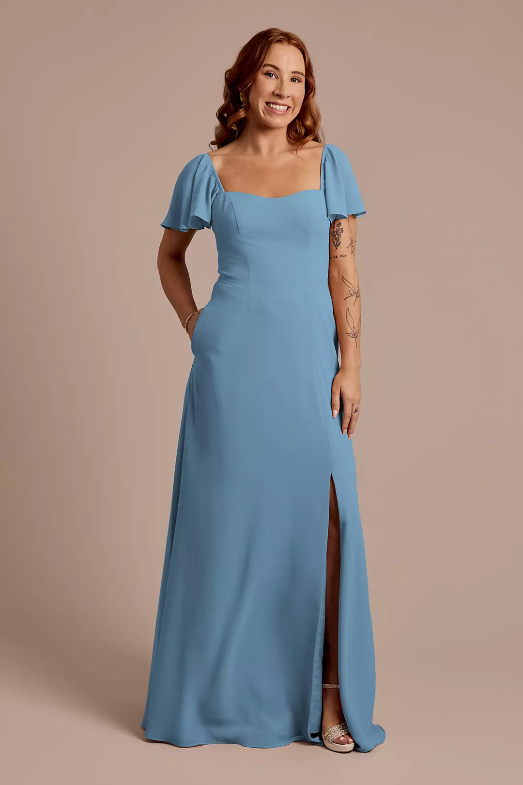 Chiffon Flutter Sleeve Dress with Basque Waist - Image 29