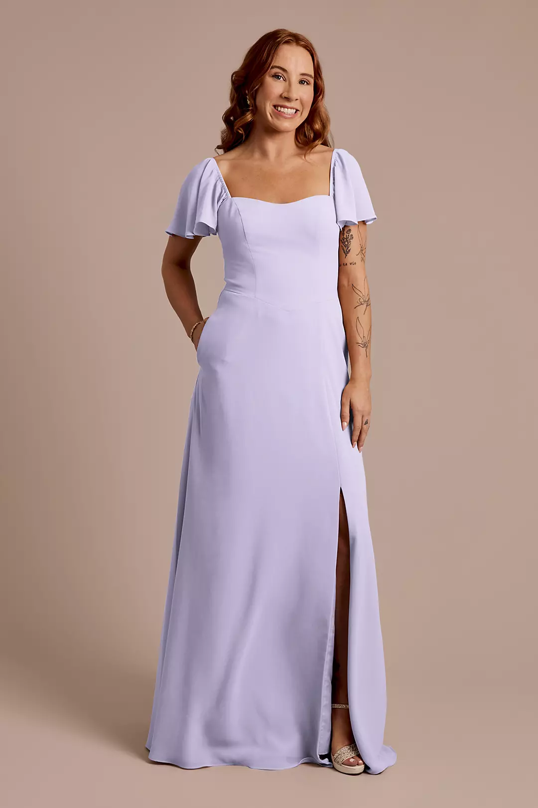 Chiffon Flutter Sleeve Dress with Basque Waist - Image 30