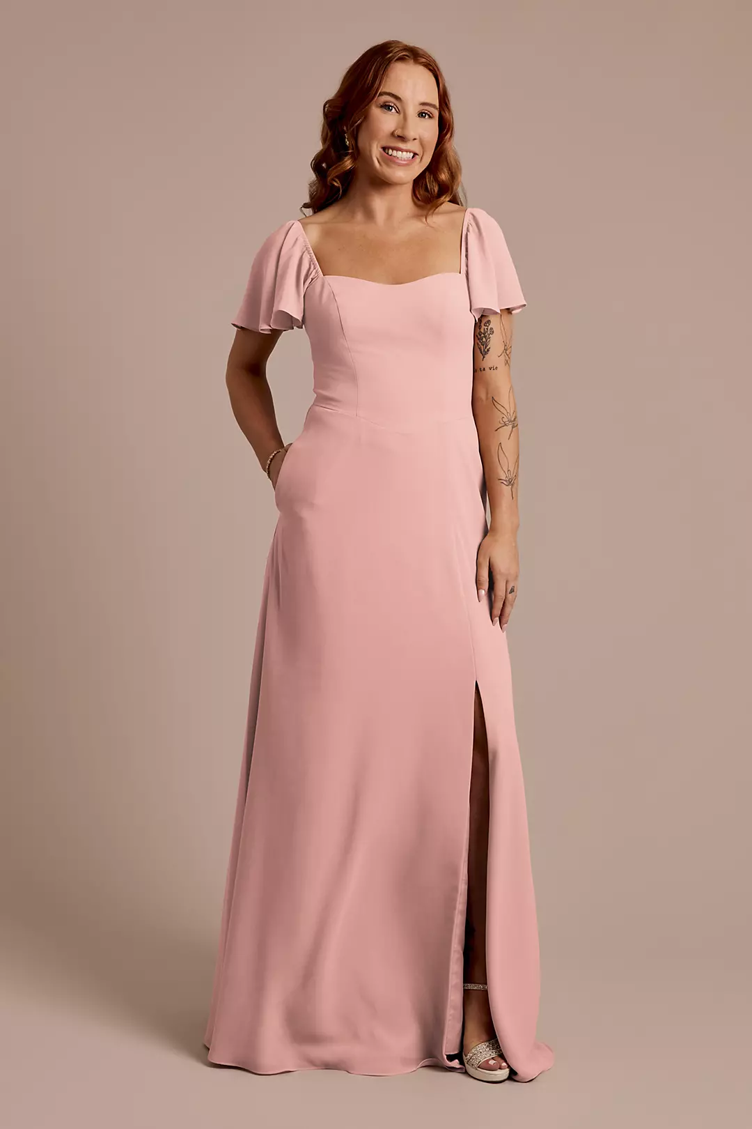 Chiffon Flutter Sleeve Dress with Basque Waist - Image 36