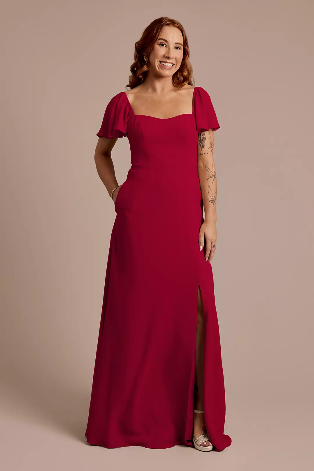 Chiffon Flutter Sleeve Dress with Basque Waist - Image 37