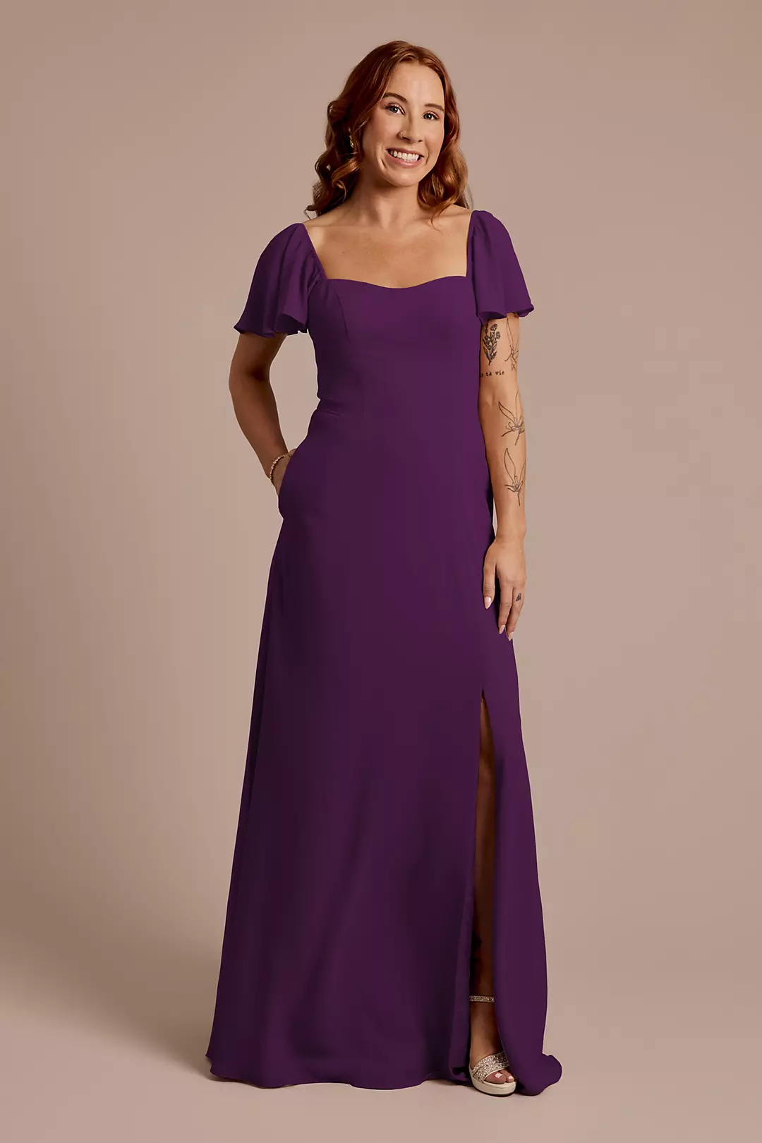 Chiffon Flutter Sleeve Dress with Basque Waist - Image 40