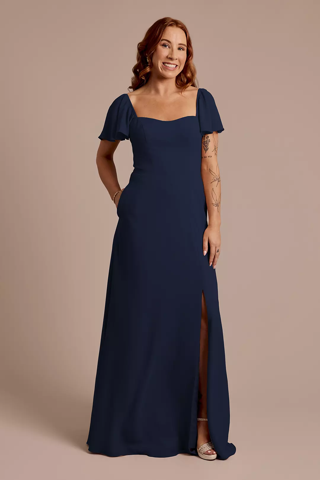 Chiffon Flutter Sleeve Dress with Basque Waist - Image 41