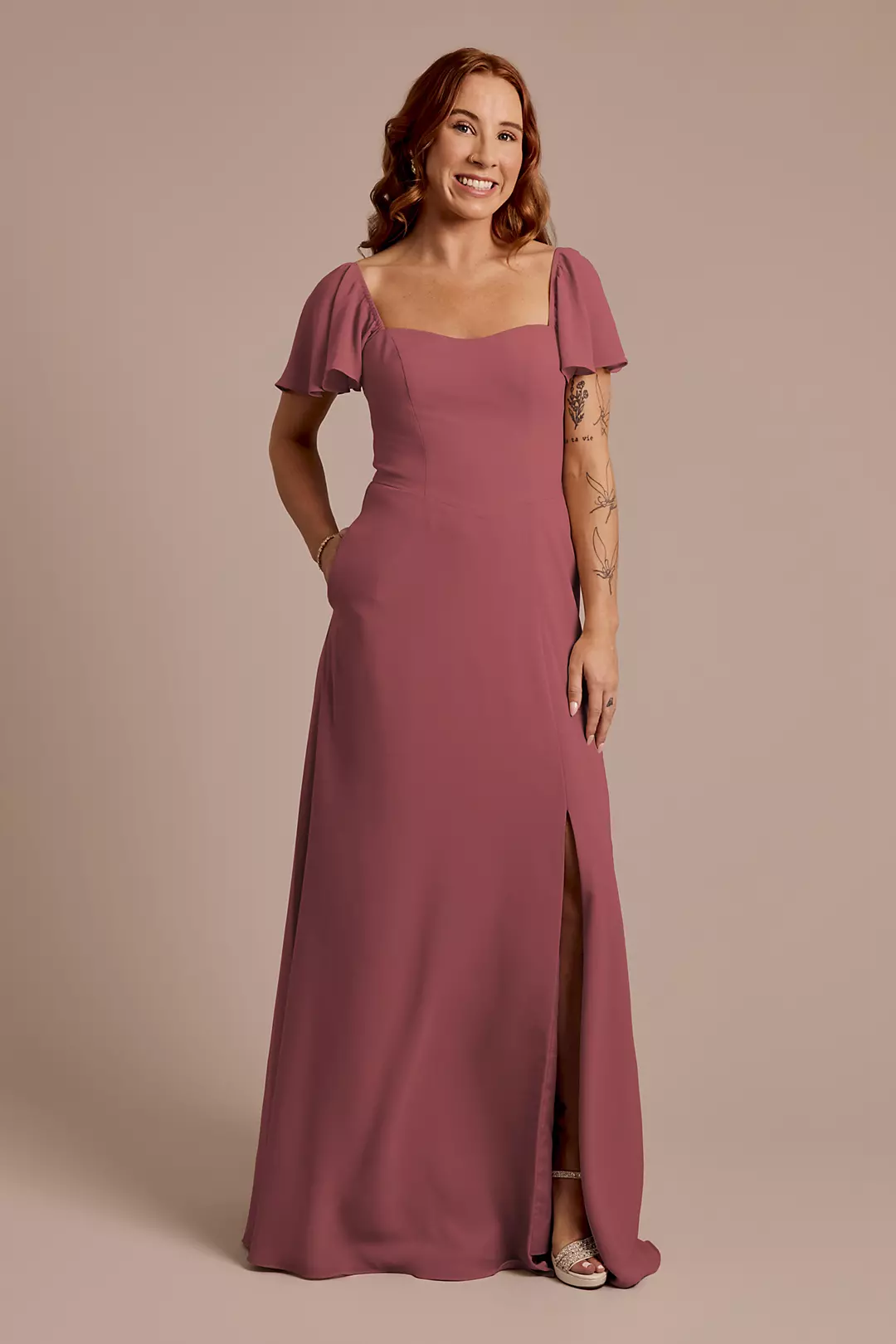 Chiffon Flutter Sleeve Dress with Basque Waist - Image 46