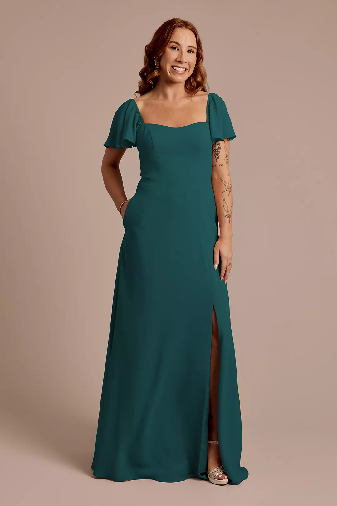 Chiffon Flutter Sleeve Dress with Basque Waist - Image 47