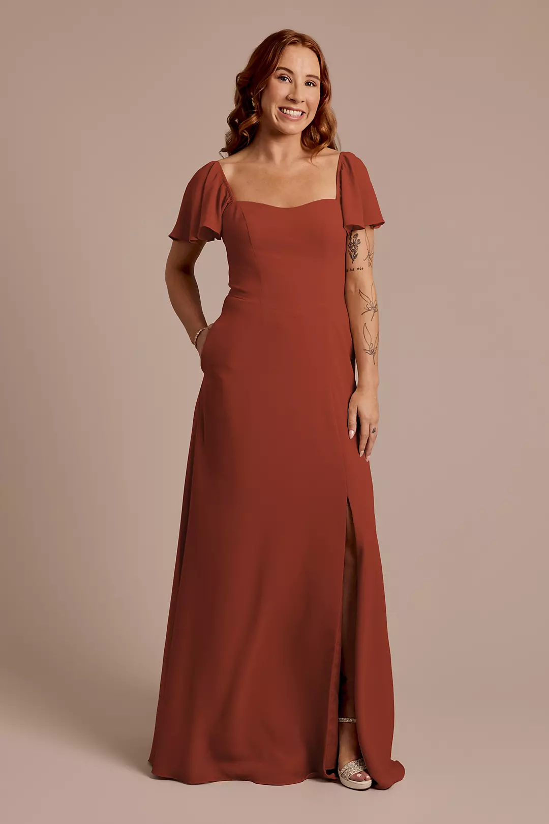 Chiffon Flutter Sleeve Dress with Basque Waist - Image 50
