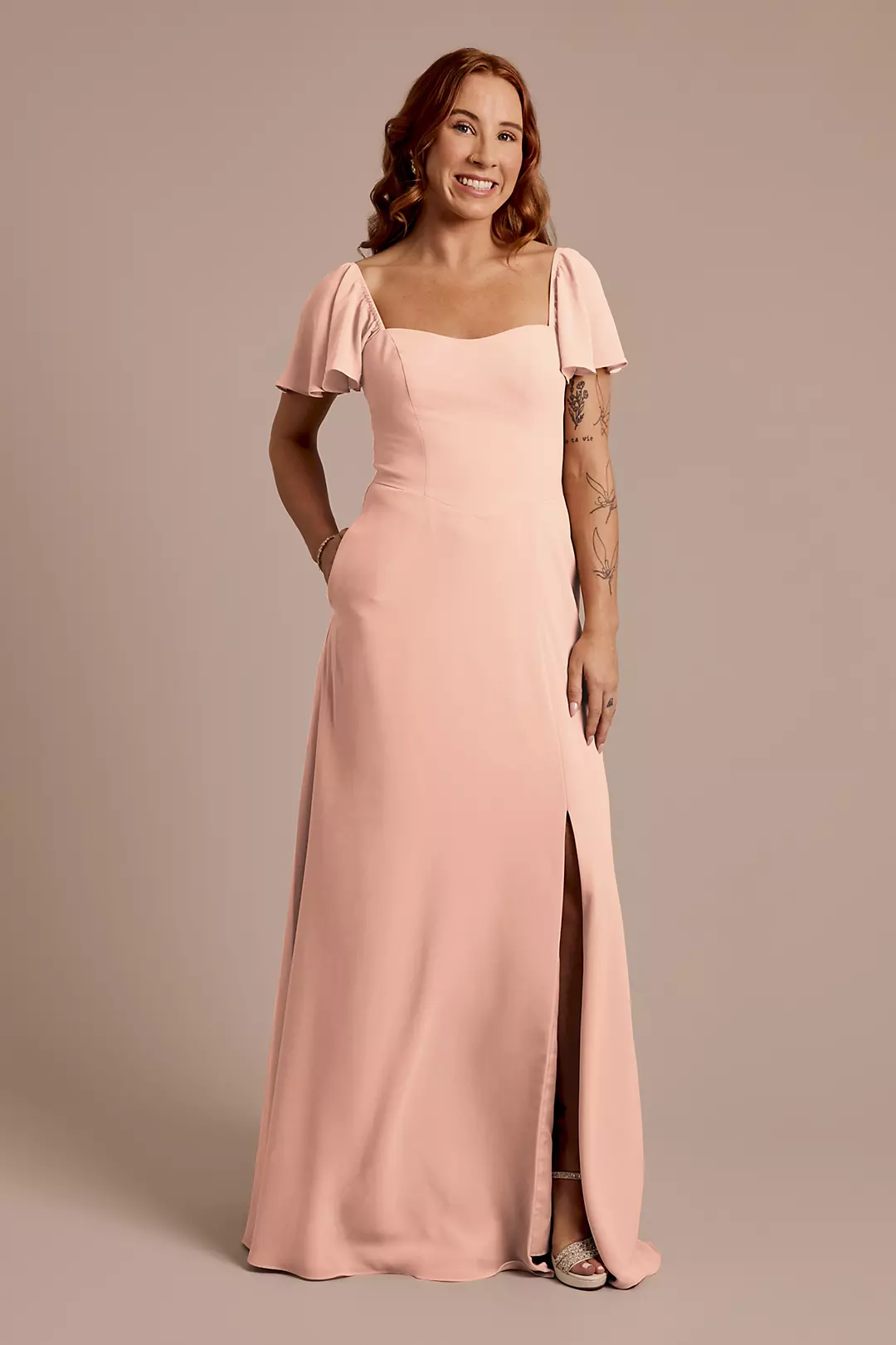 Chiffon Flutter Sleeve Dress with Basque Waist - Image 52