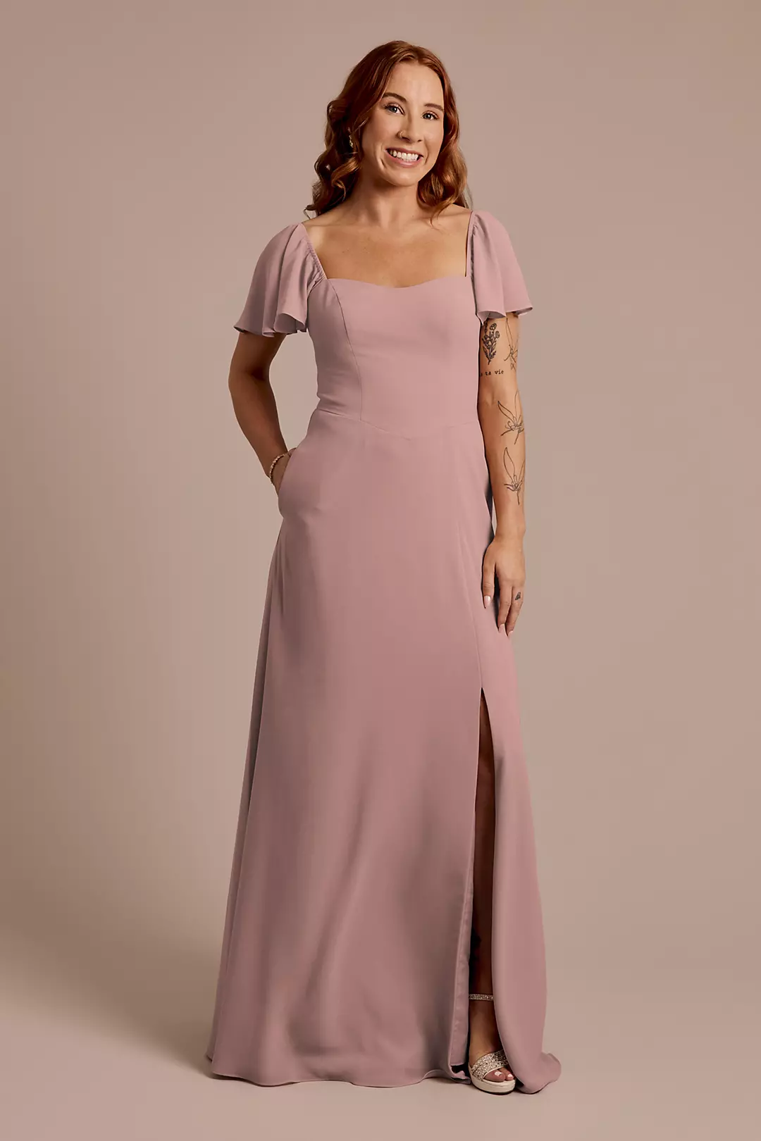 Chiffon Flutter Sleeve Dress with Basque Waist - Image 60