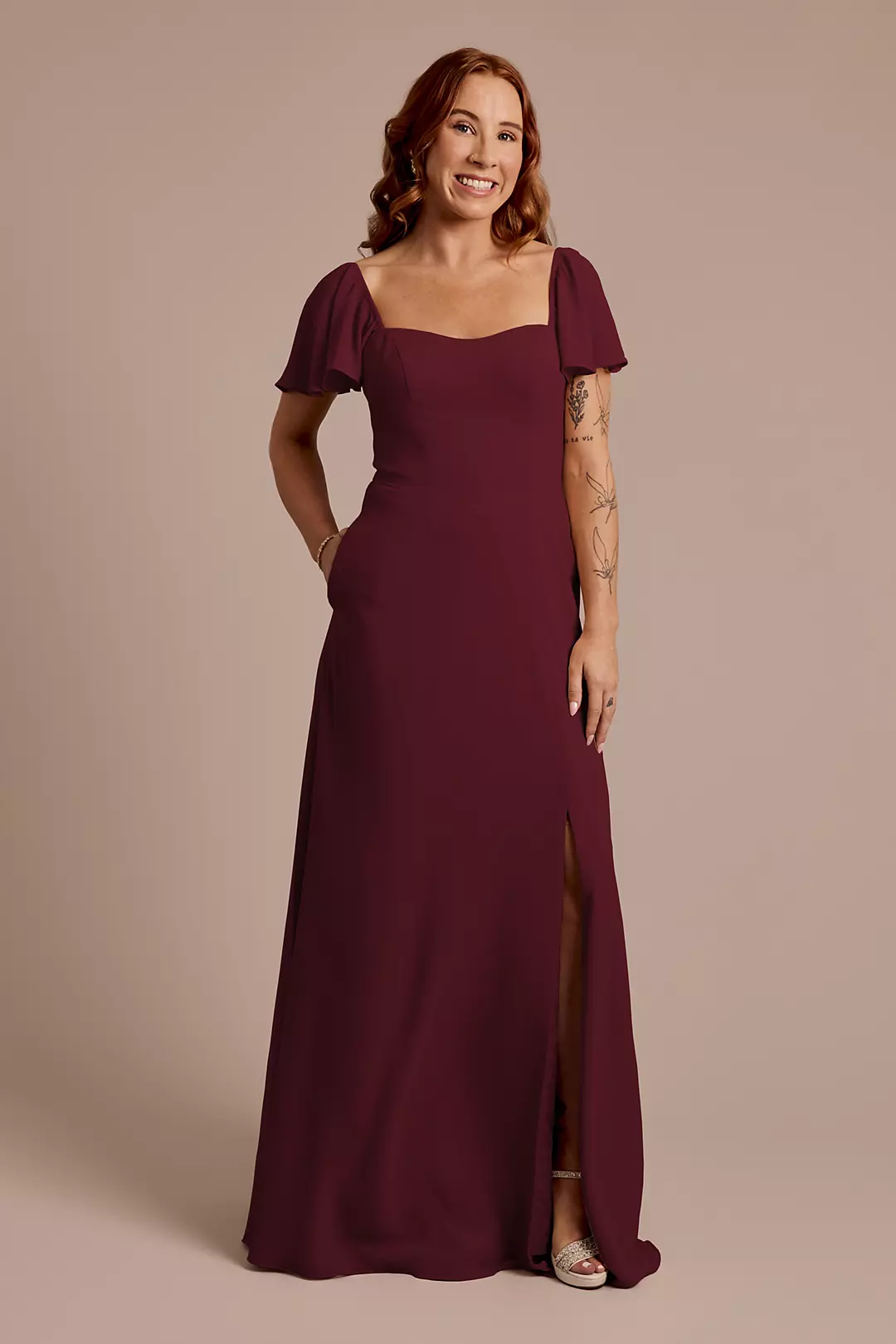 Chiffon Flutter Sleeve Dress with Basque Waist - Image 64