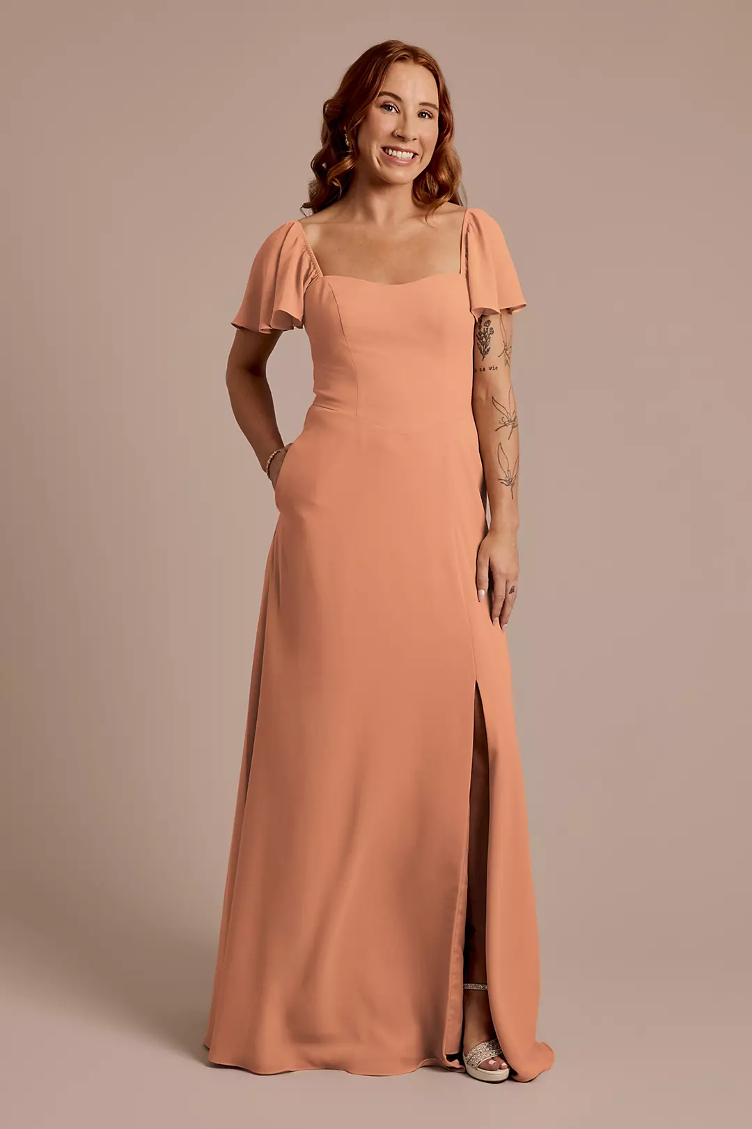 Chiffon Flutter Sleeve Dress with Basque Waist - Image 65