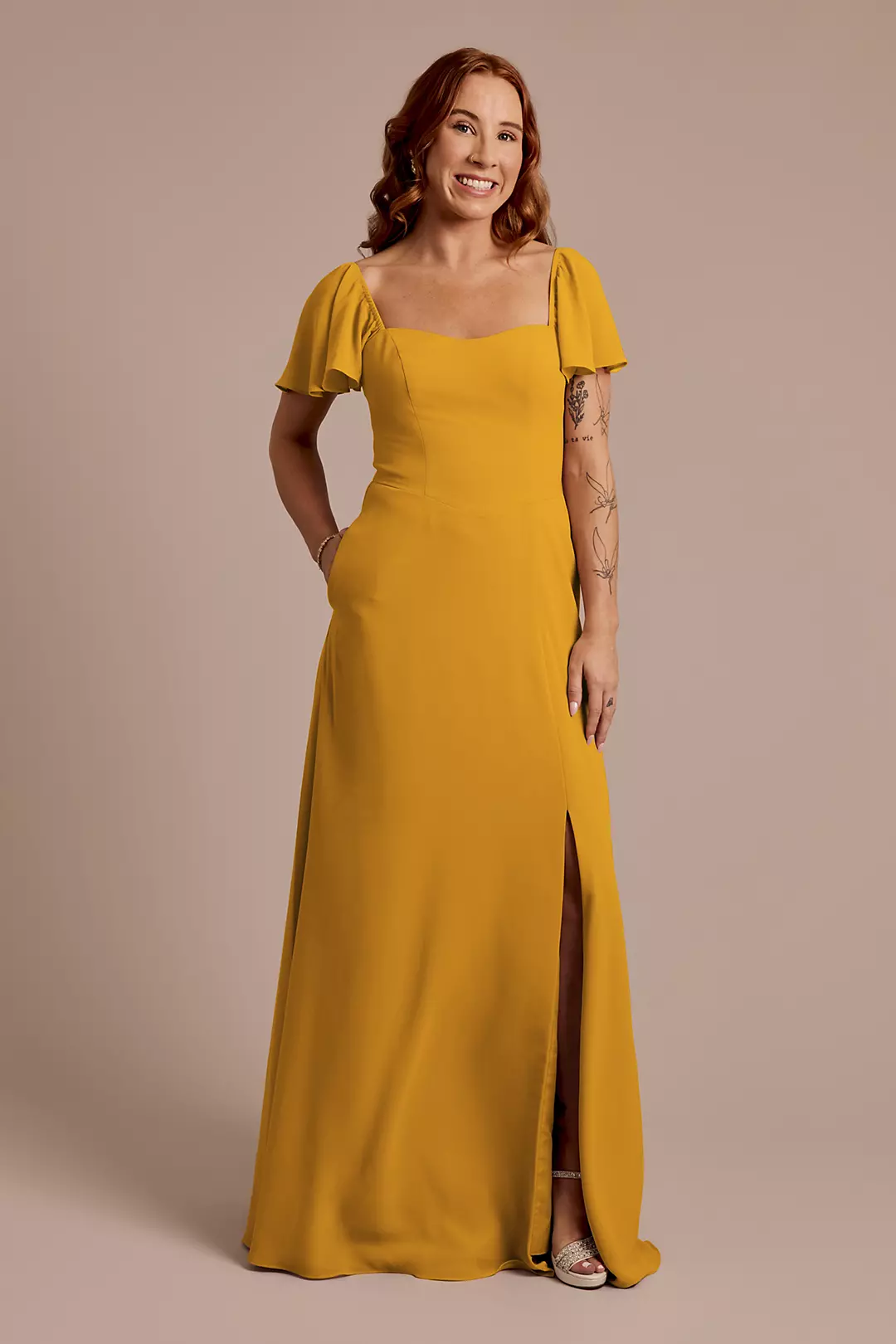 Chiffon Flutter Sleeve Dress with Basque Waist - Image 69