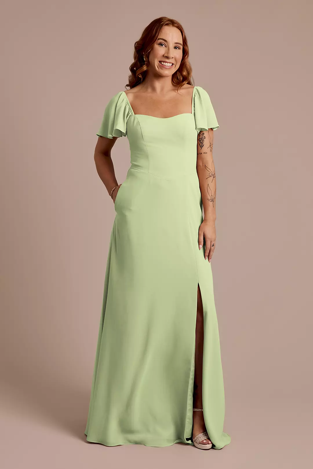 Chiffon Flutter Sleeve Dress with Basque Waist - Image 70
