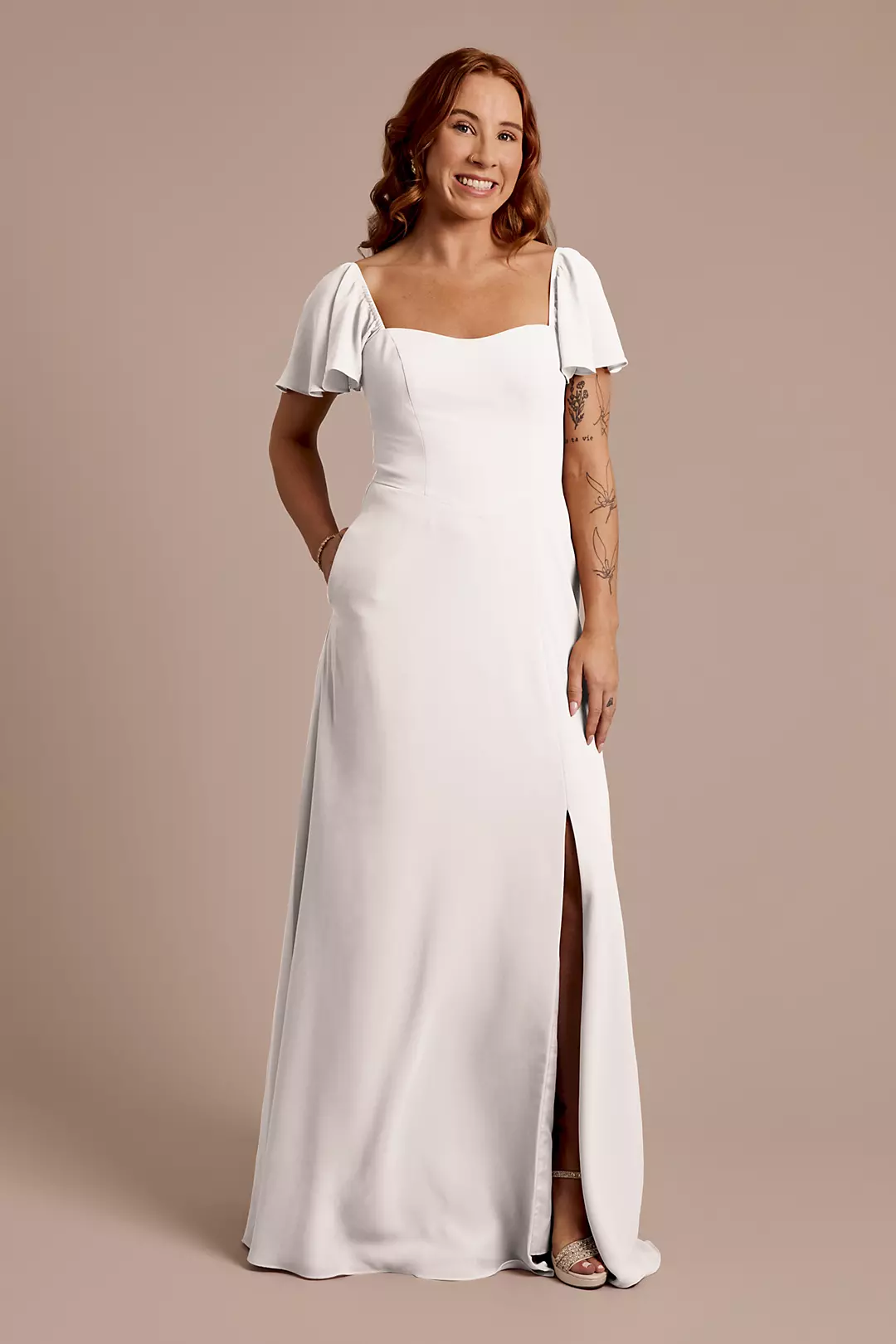 Chiffon Flutter Sleeve Dress with Basque Waist - Image 75