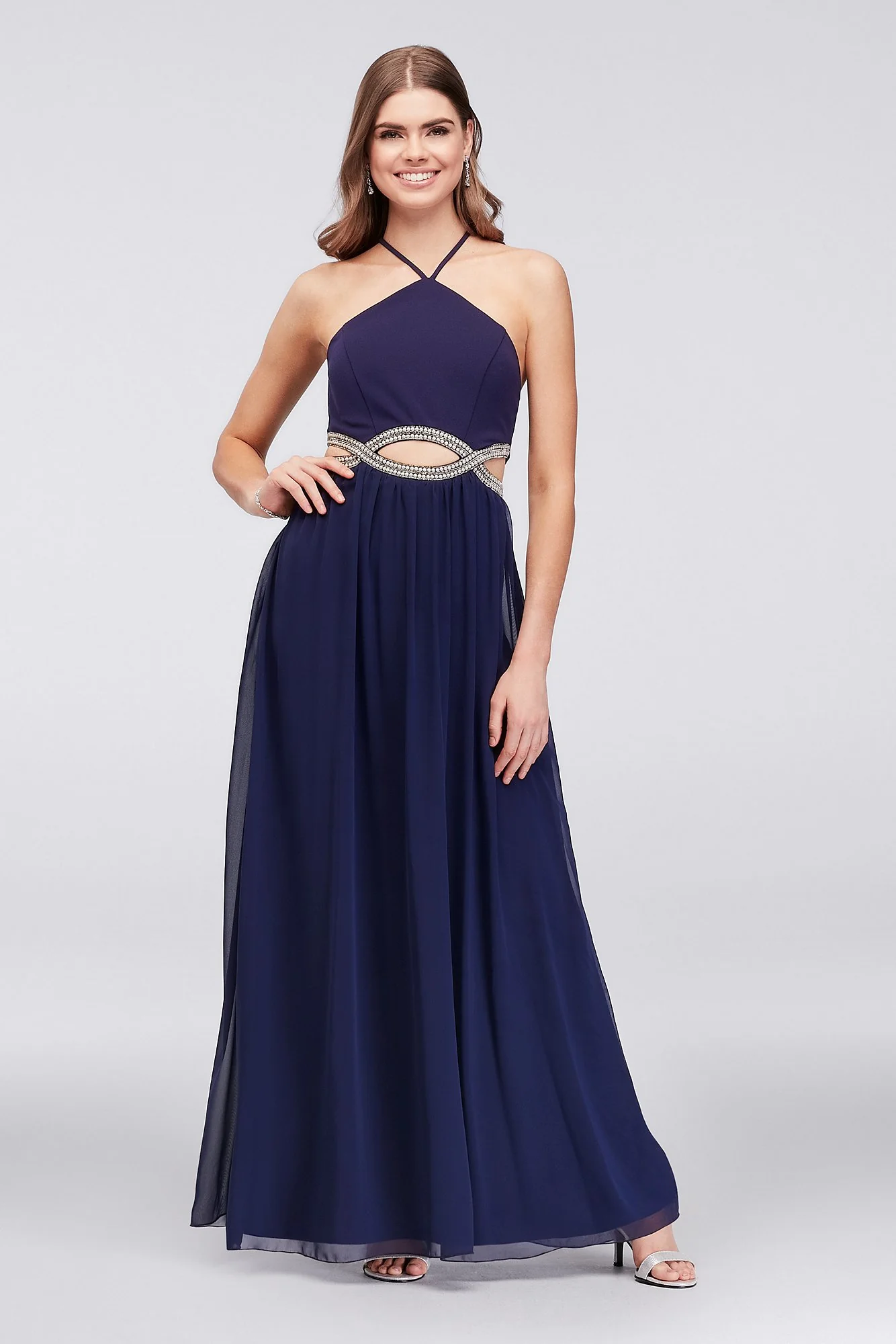 Chiffon High-Neck Dress with Embellished Cutouts - Image 2