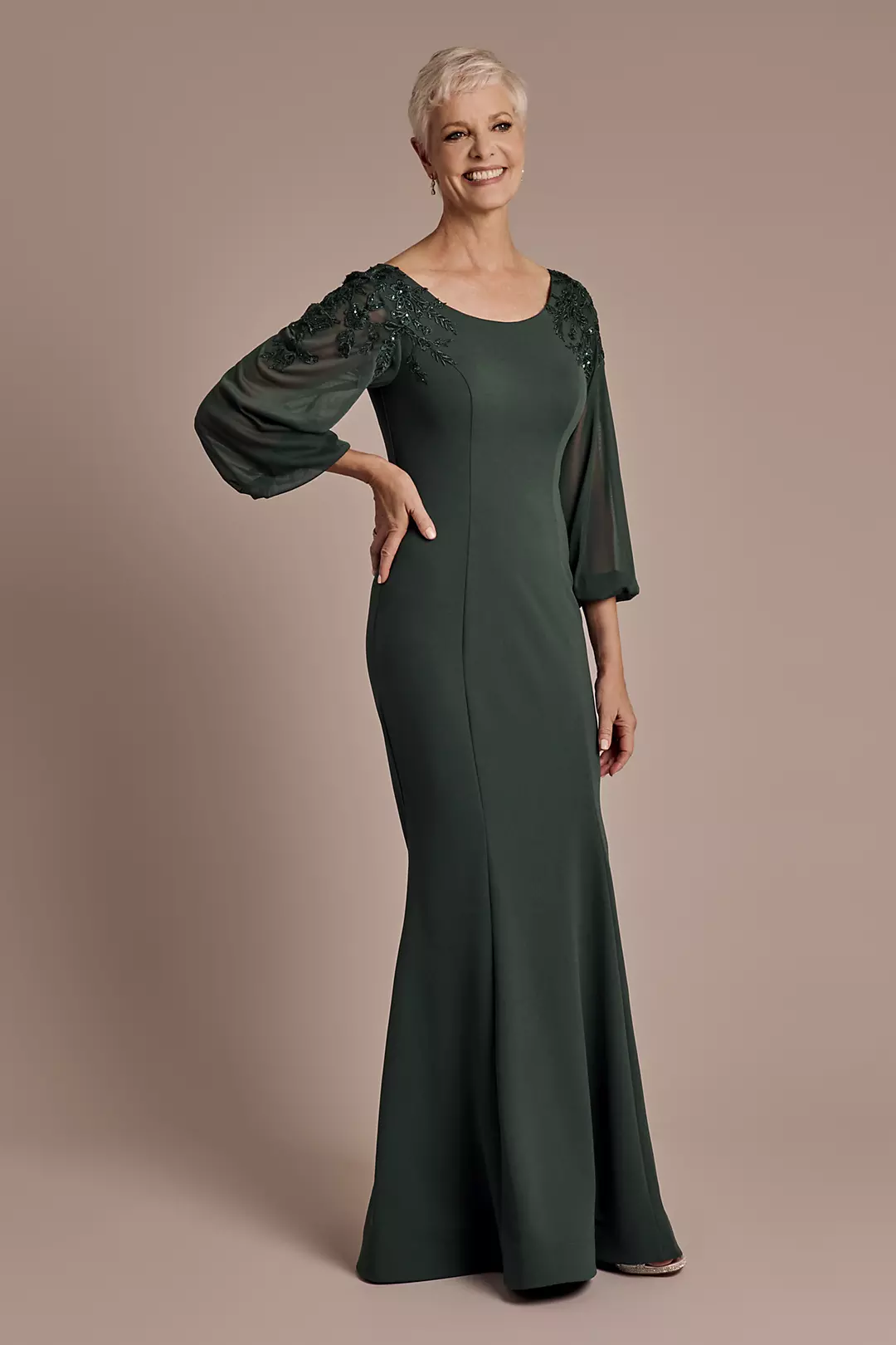 Chiffon Long Sleeve Mermaid Dress with 3D Flowers - Image 2