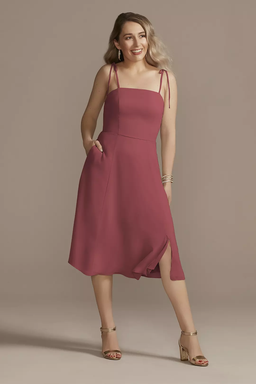 Chiffon Midi Spaghetti Strap Bridesmaid Dress - Image 25