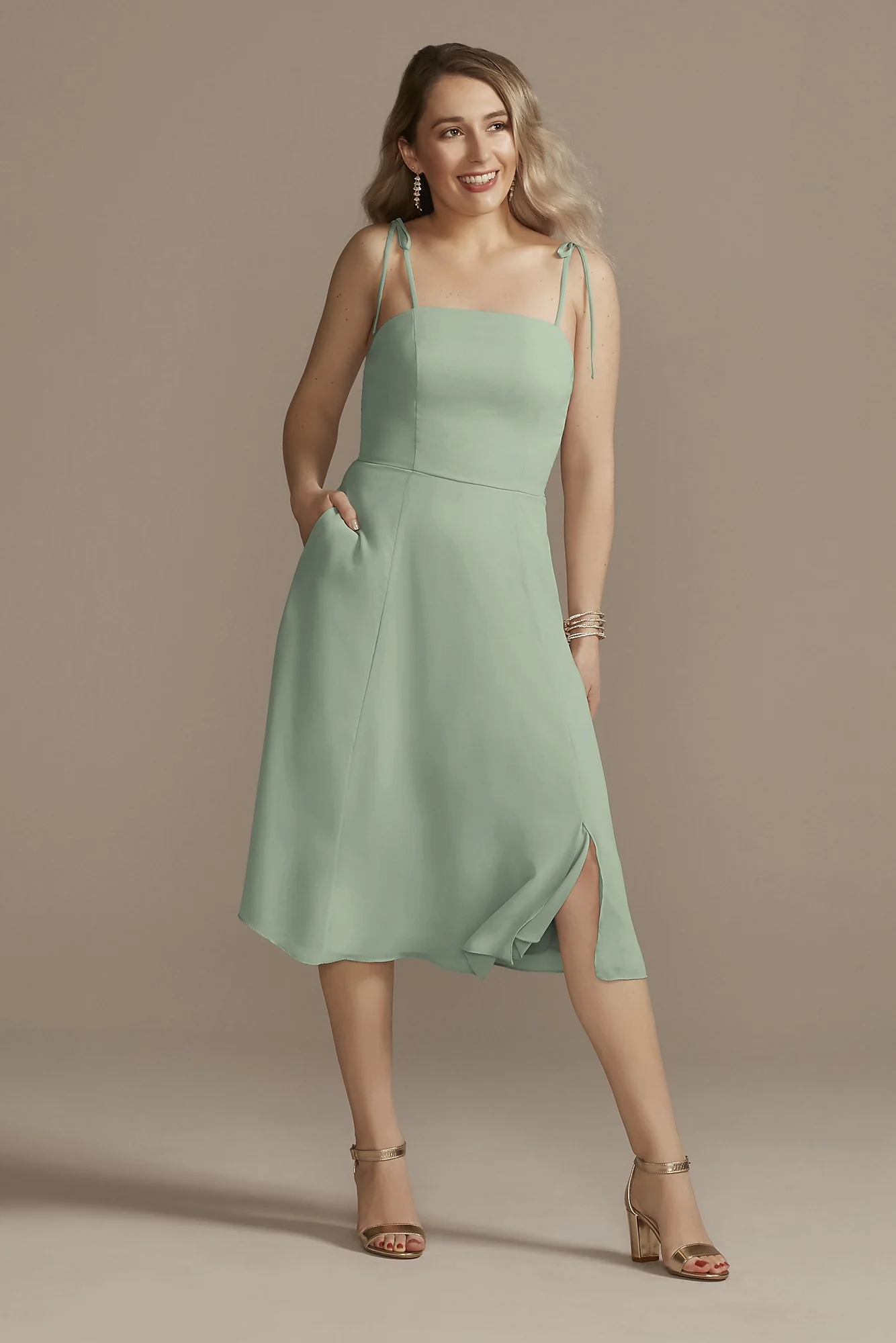 Chiffon Midi Spaghetti Strap Bridesmaid Dress - Image 3
