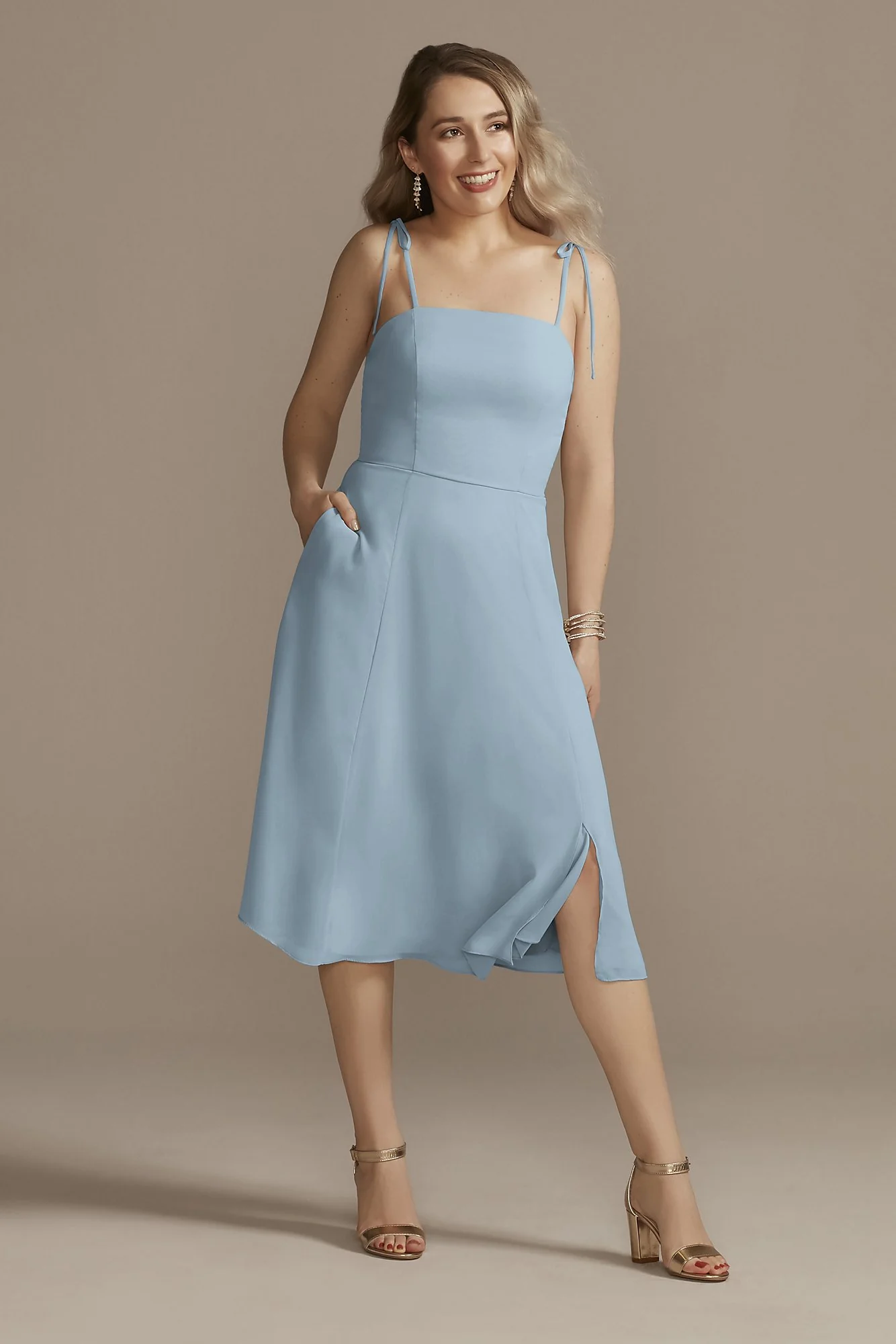 Chiffon Midi Spaghetti Strap Bridesmaid Dress - Image 4