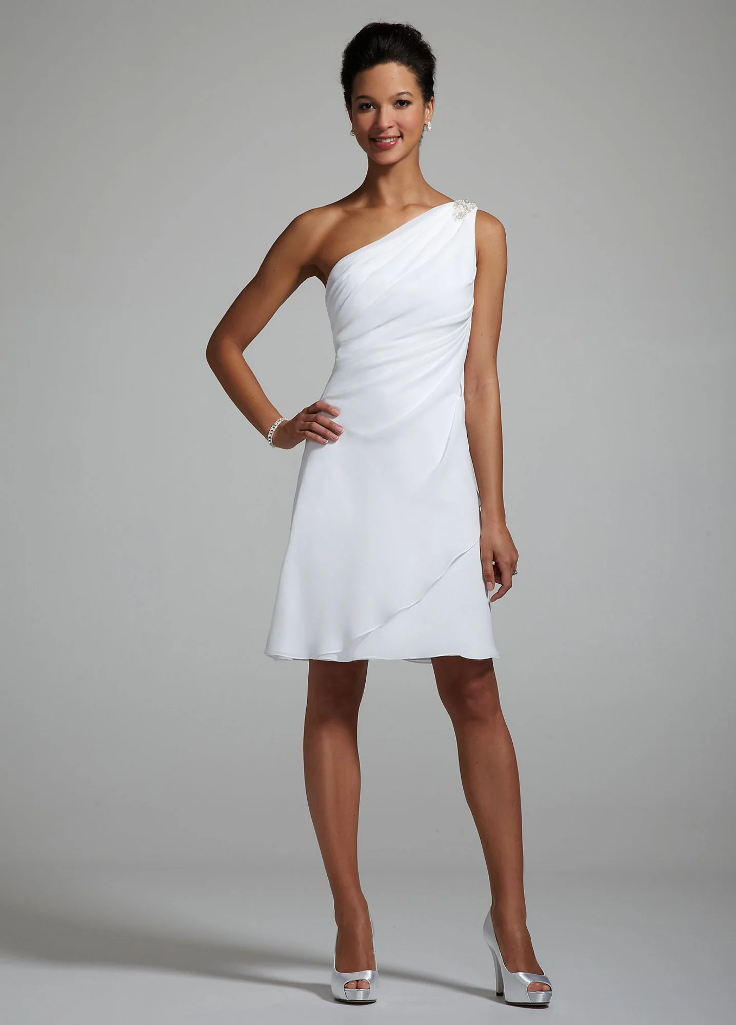 Chiffon One Shoulder Draped Beaded Dress - Image 2