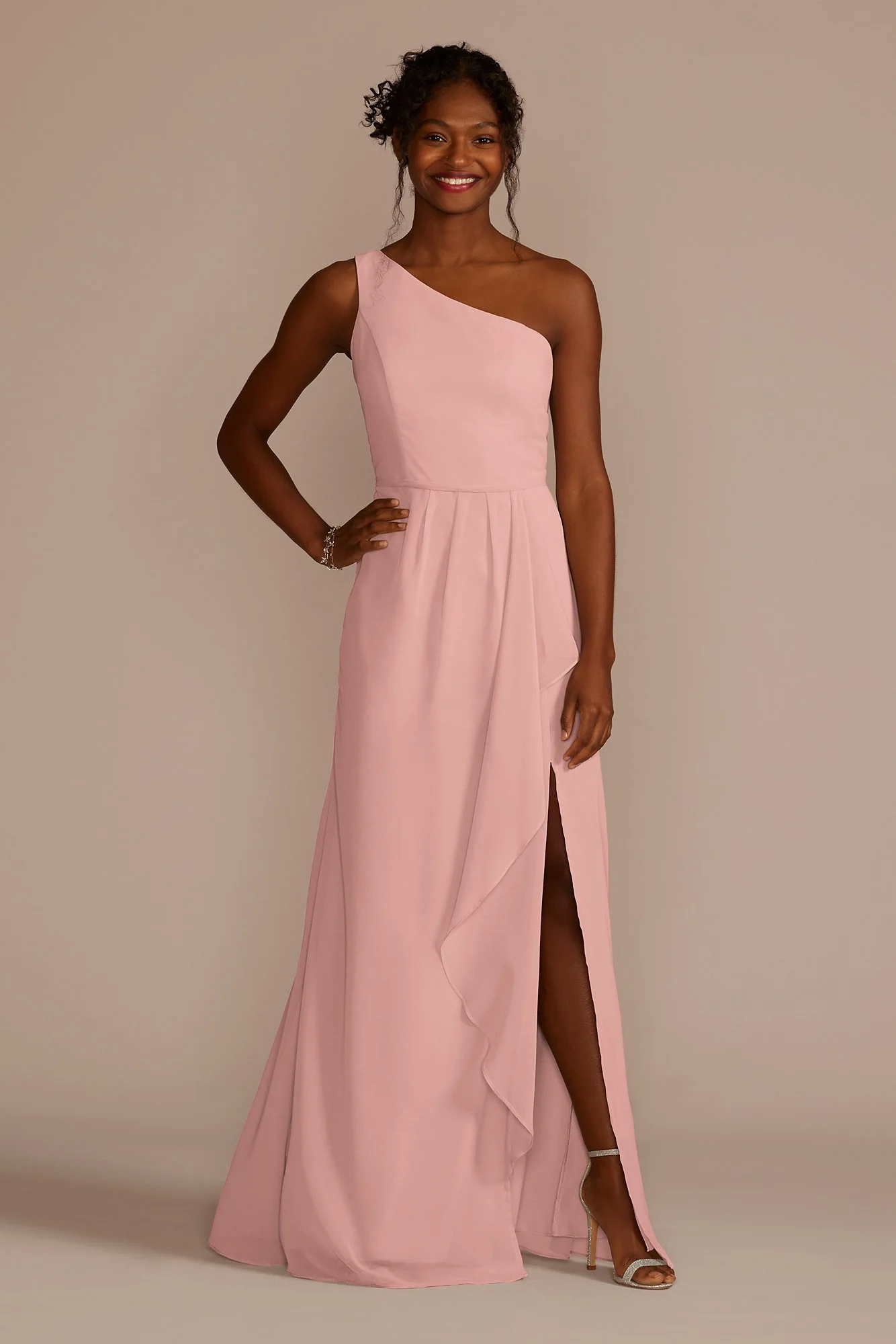 Chiffon One-Shoulder Dress with Cascade - Image 103