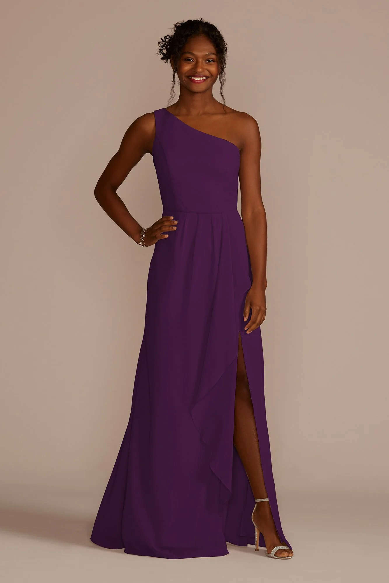 Chiffon One-Shoulder Dress with Cascade - Image 107