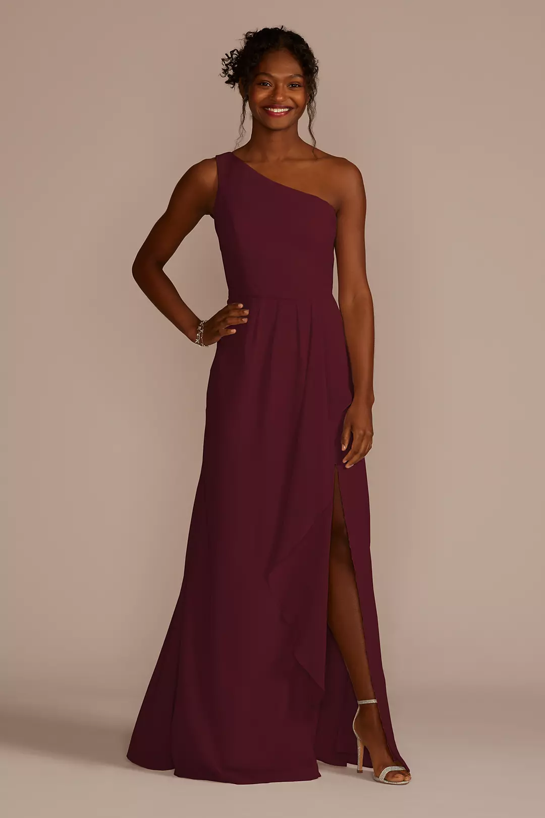 Chiffon One-Shoulder Dress with Cascade - Image 126