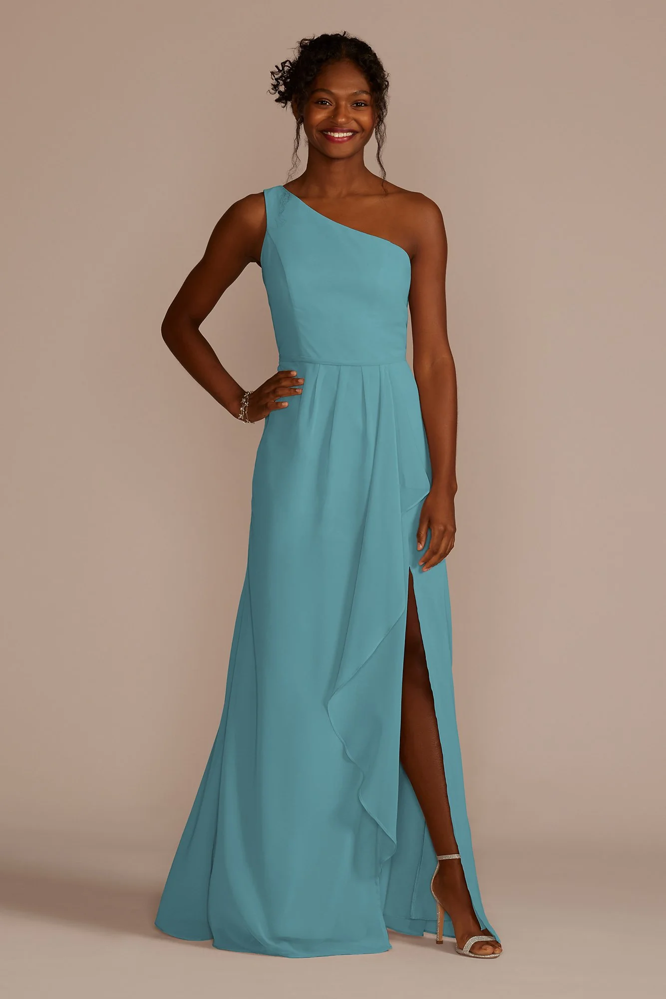 Chiffon One-Shoulder Dress with Cascade - Image 13
