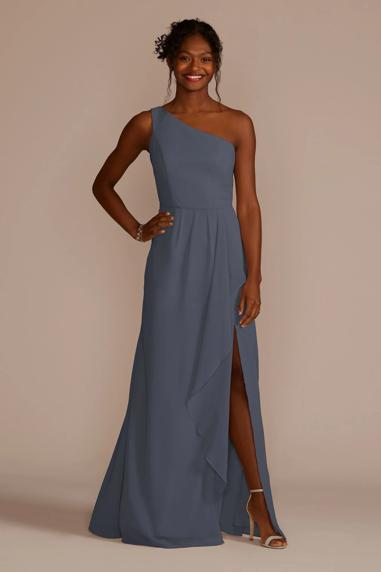 Chiffon One-Shoulder Dress with Cascade - Image 14