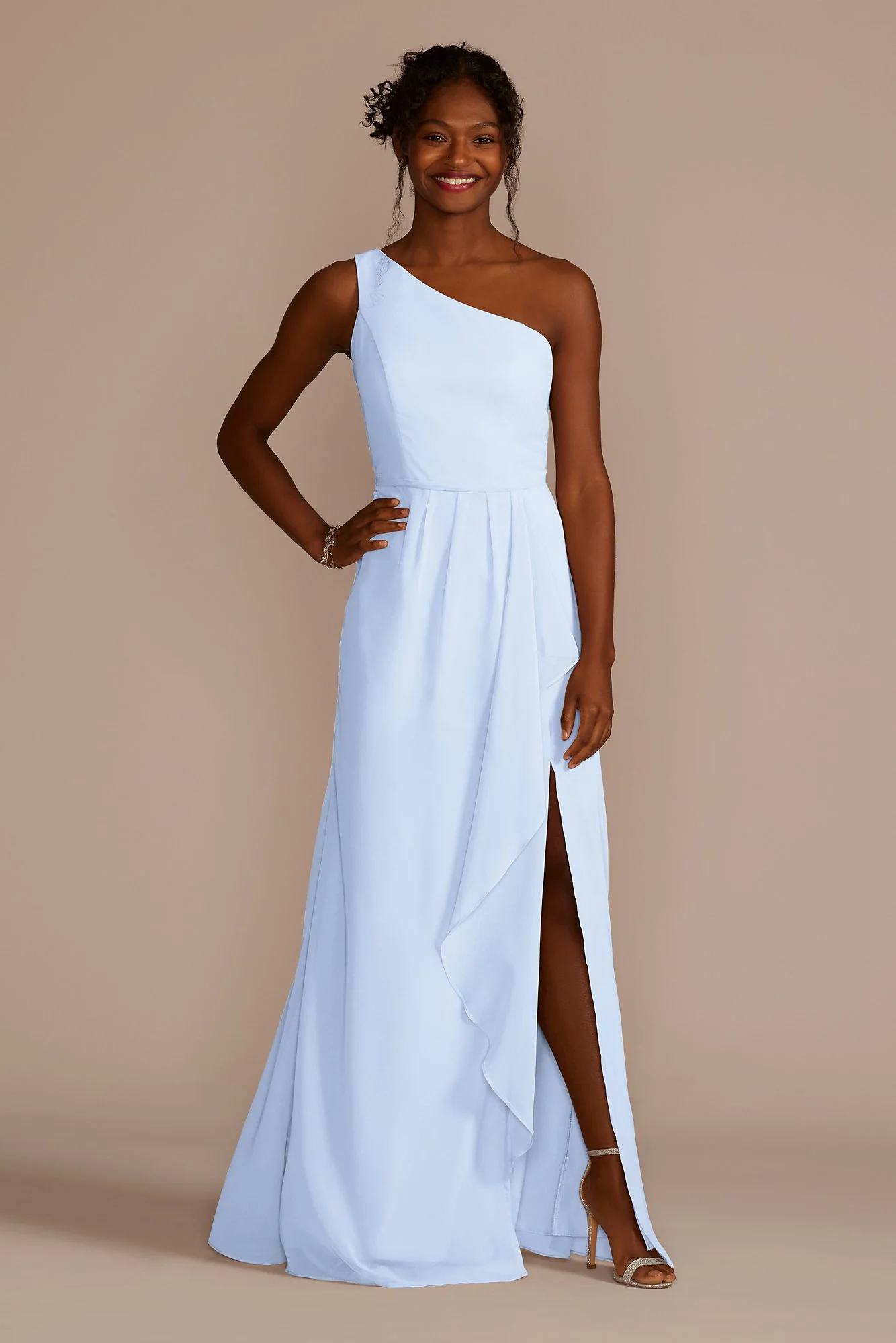 Chiffon One-Shoulder Dress with Cascade - Image 21