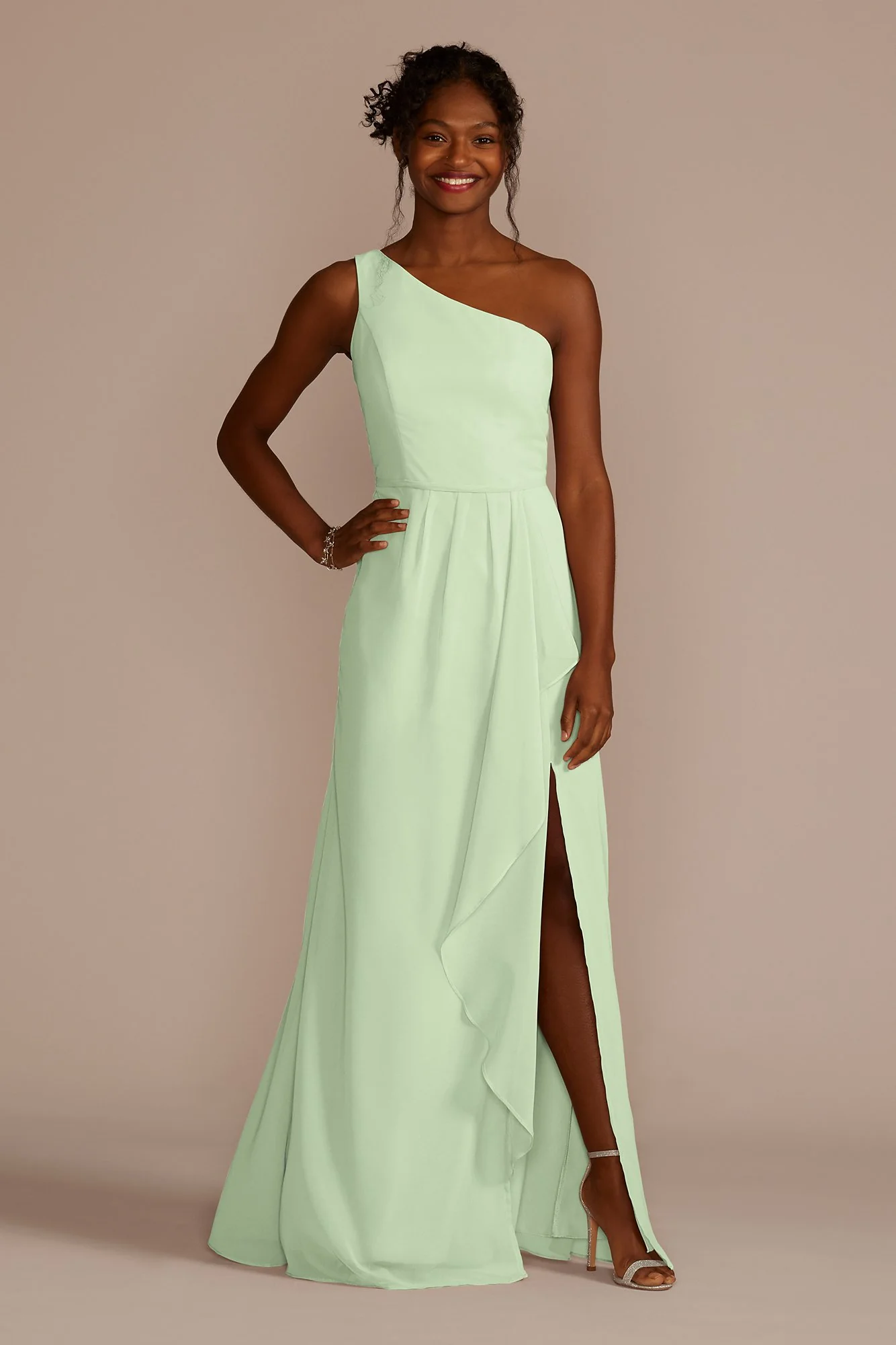 Chiffon One-Shoulder Dress with Cascade - Image 42