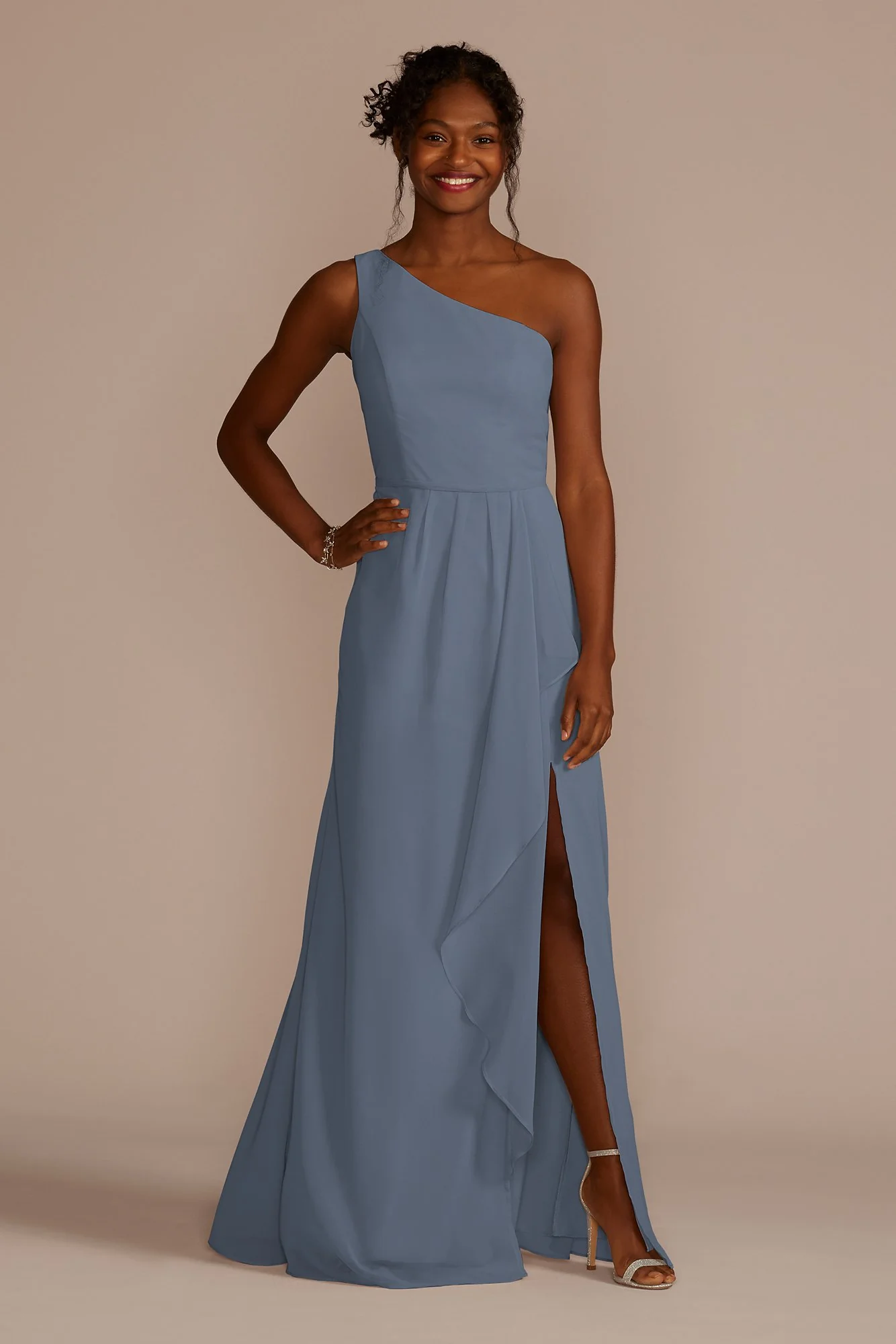 Chiffon One-Shoulder Dress with Cascade - Image 44