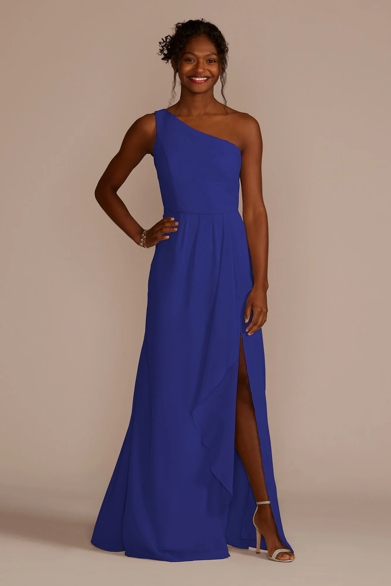Chiffon One-Shoulder Dress with Cascade - Image 73