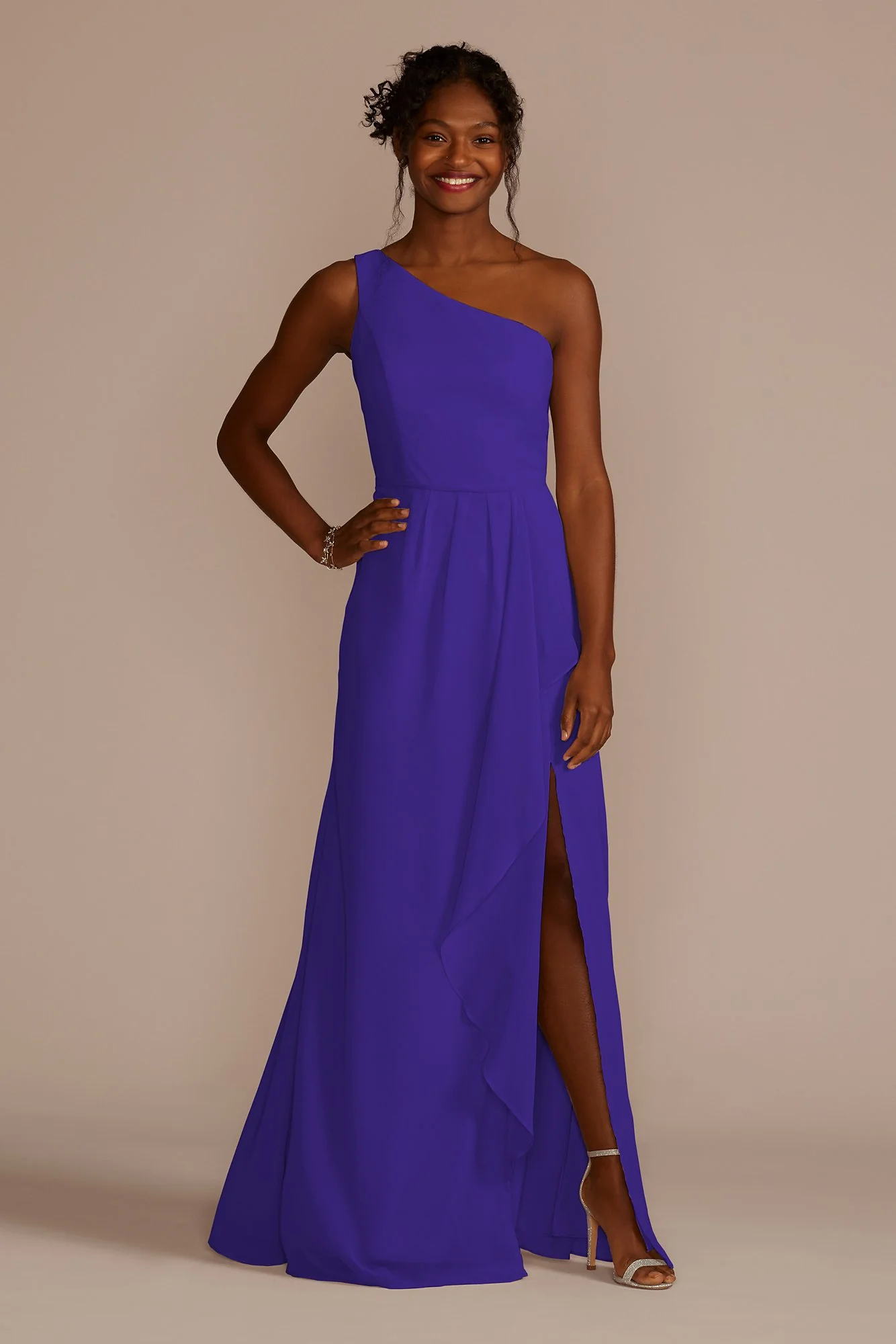 Chiffon One-Shoulder Dress with Cascade - Image 82