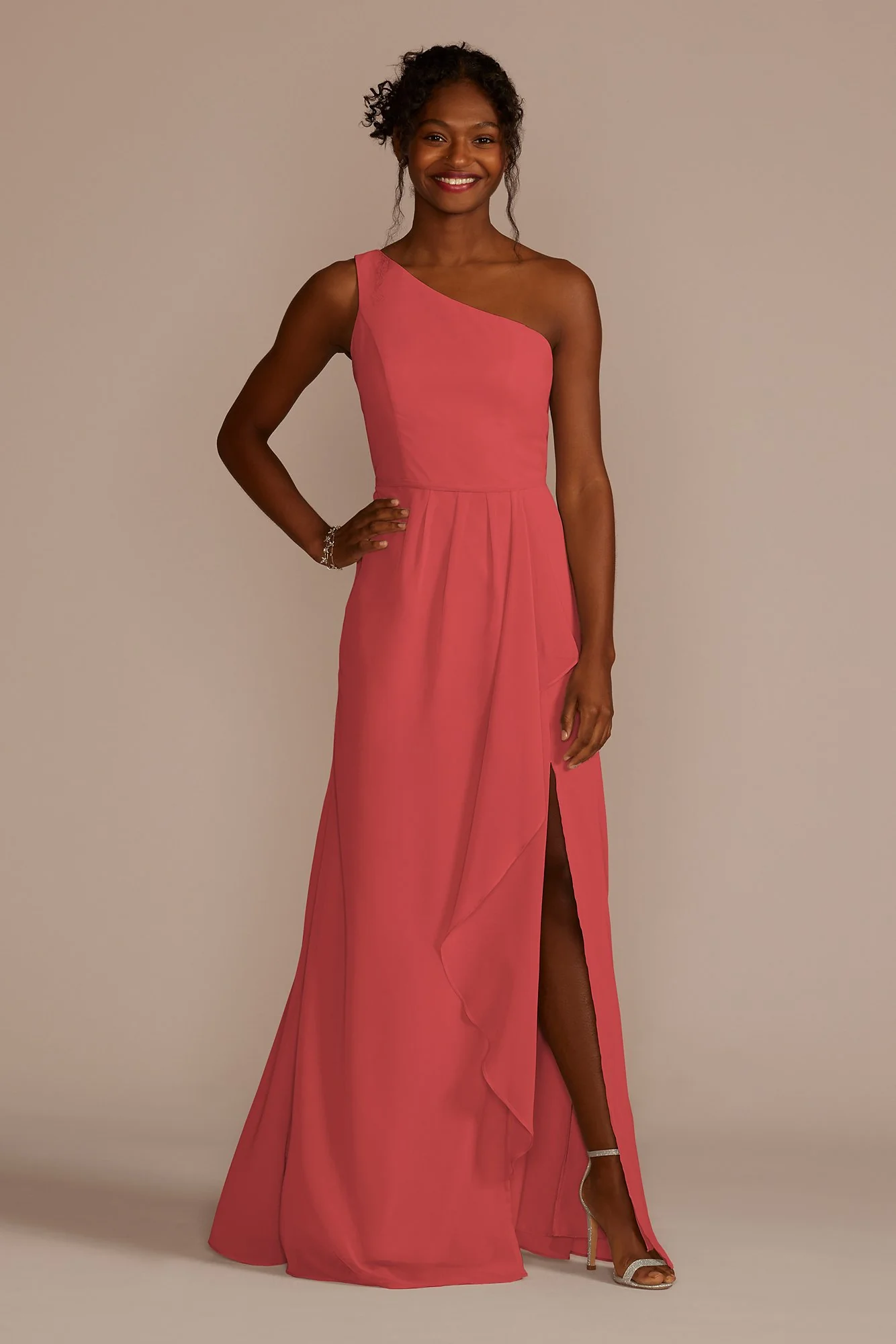 Chiffon One-Shoulder Dress with Cascade - Image 91