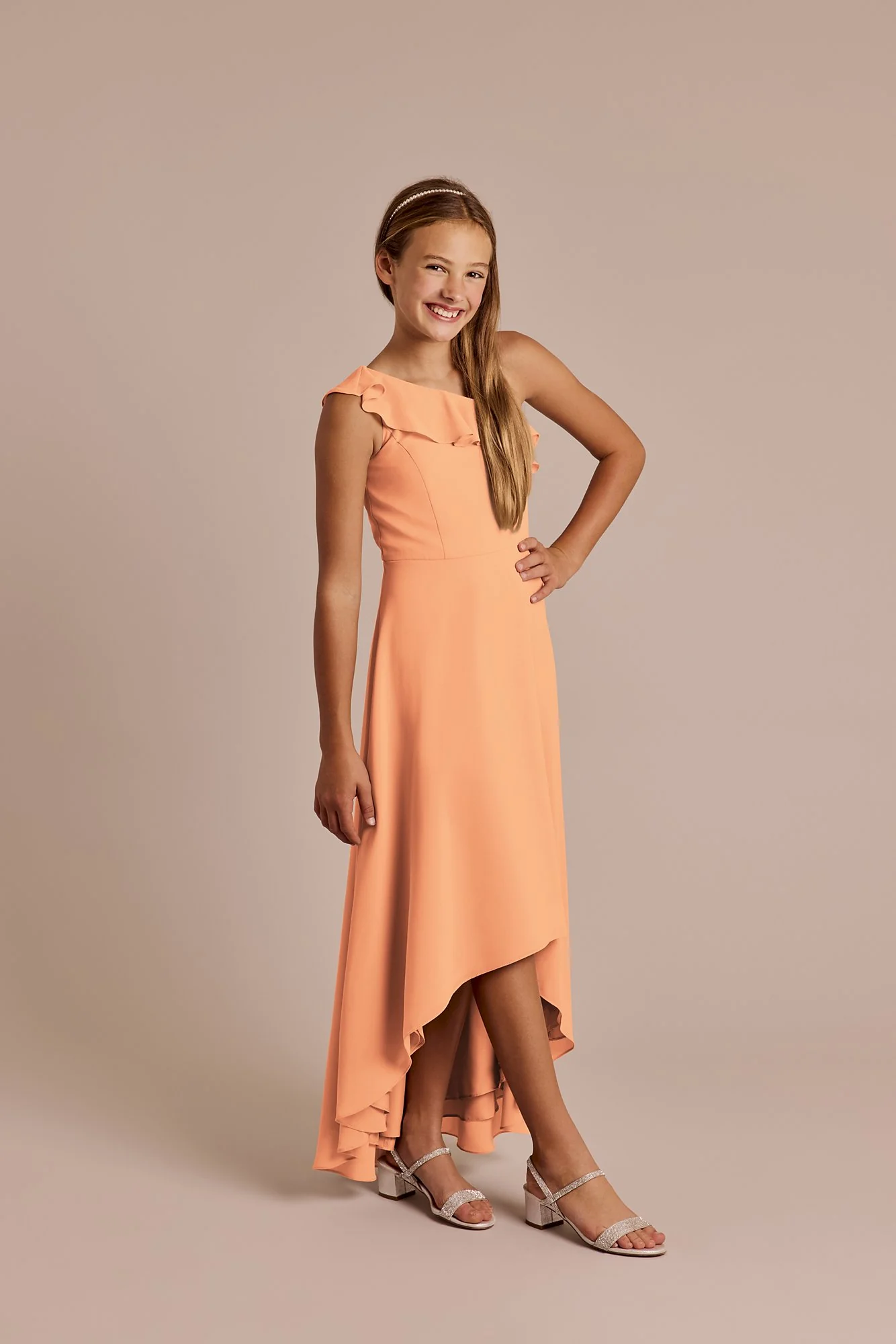 Chiffon Ruffle One-Shoulder High-Low Junior Dress - Image 10