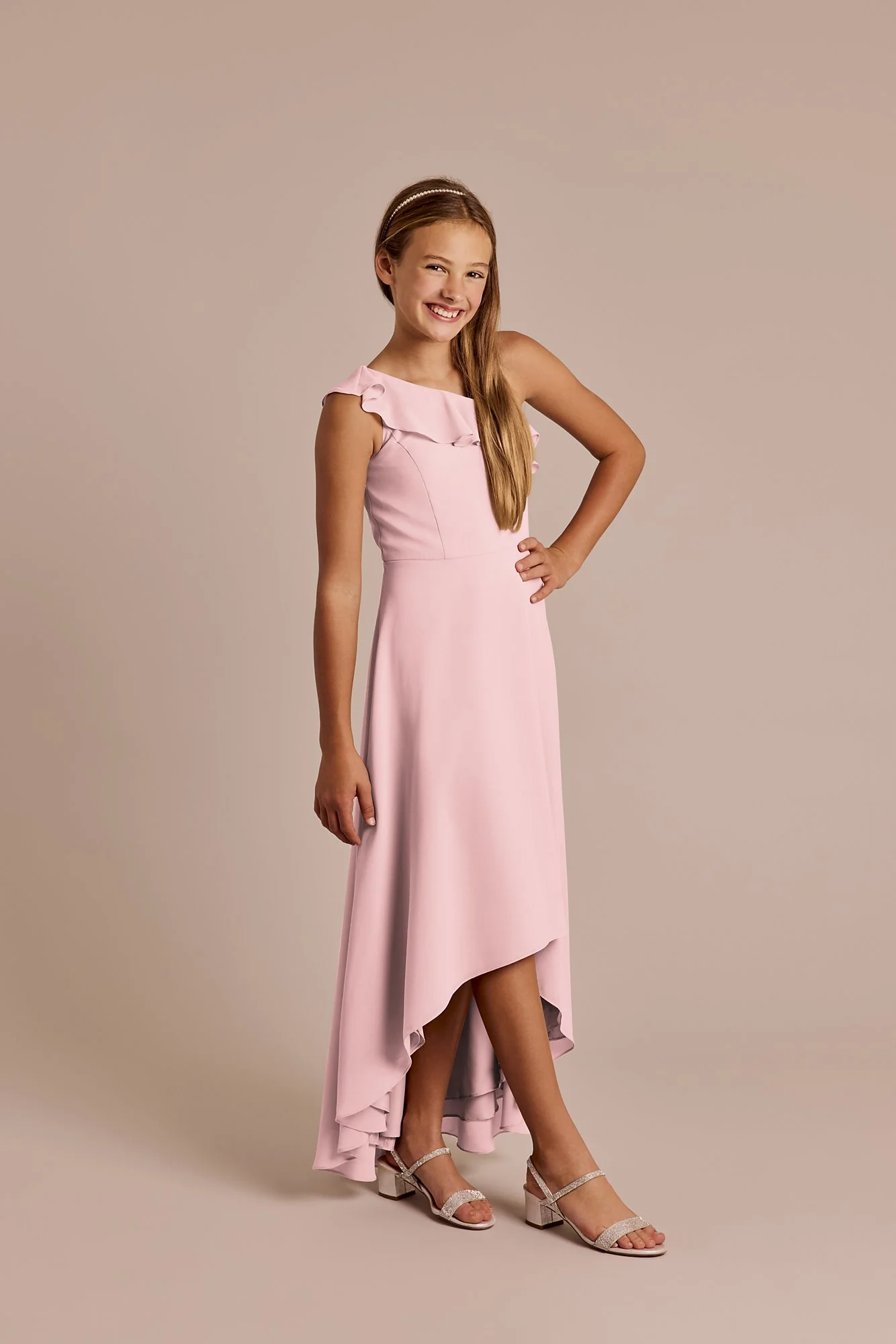 Chiffon Ruffle One-Shoulder High-Low Junior Dress - Image 11