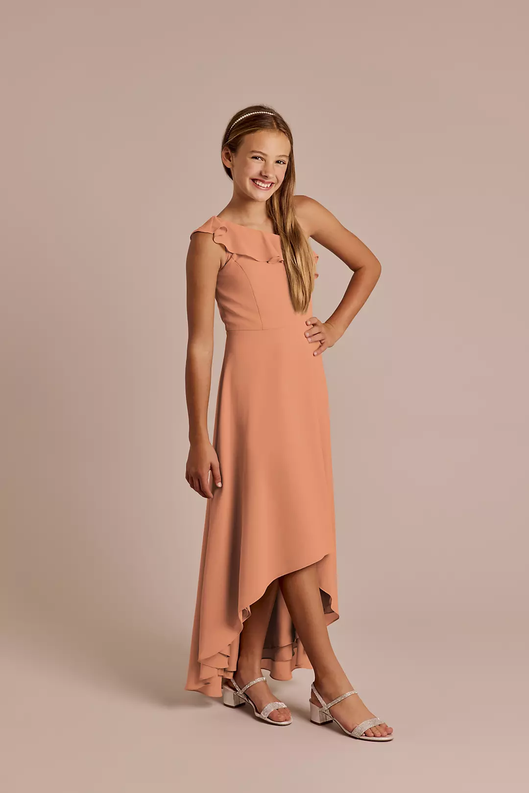 Chiffon Ruffle One-Shoulder High-Low Junior Dress - Image 27